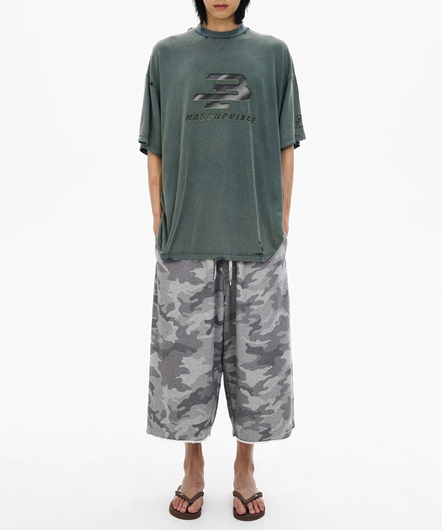 ルーズフィット ウォッシュ加工 カモフラ柄 クロップド スウェットパンツ DK3220【MASONPRINCE】【2025SS】