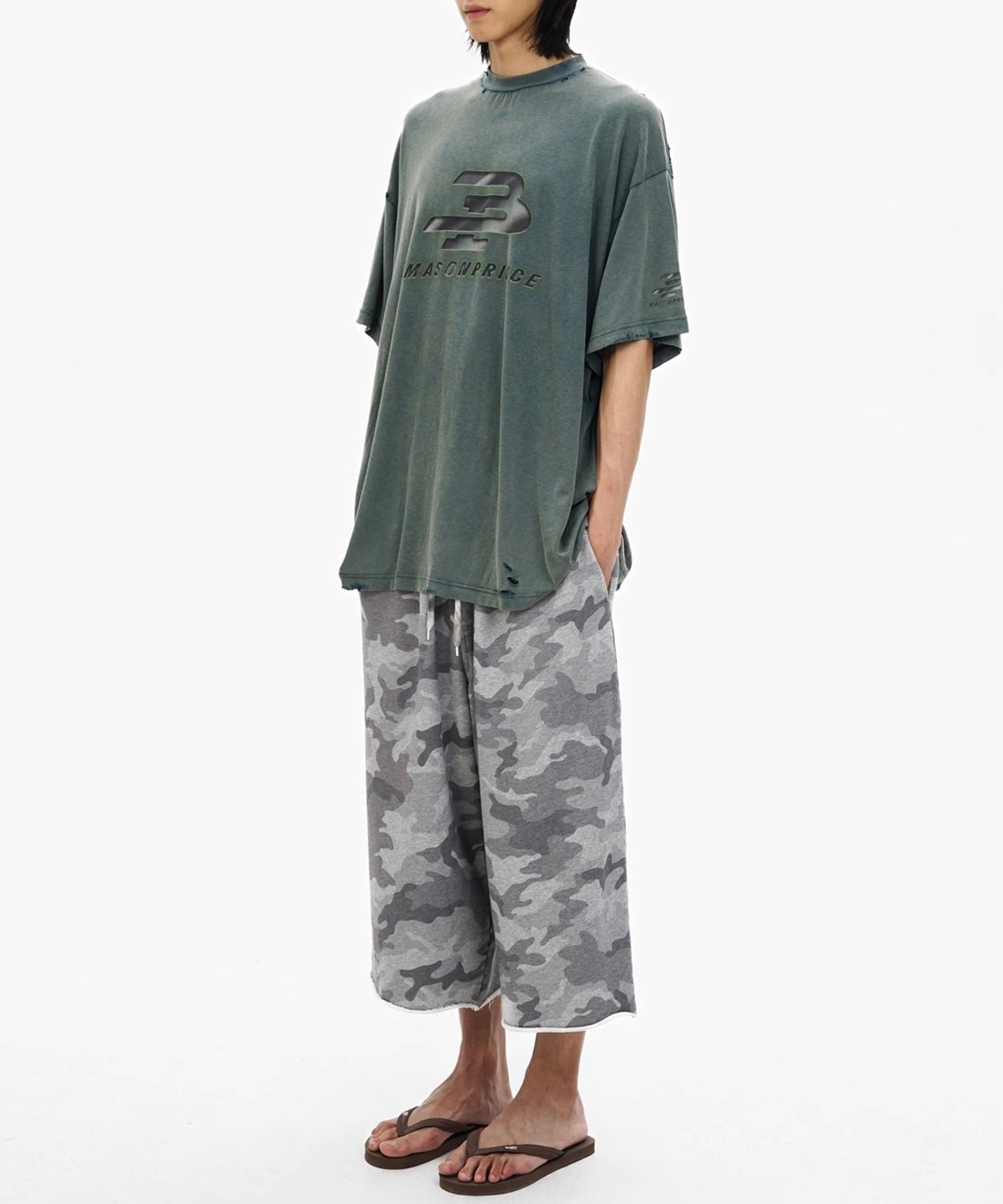 ルーズフィット ウォッシュ加工 カモフラ柄 クロップド スウェットパンツ DK3220【MASONPRINCE】【2025SS】