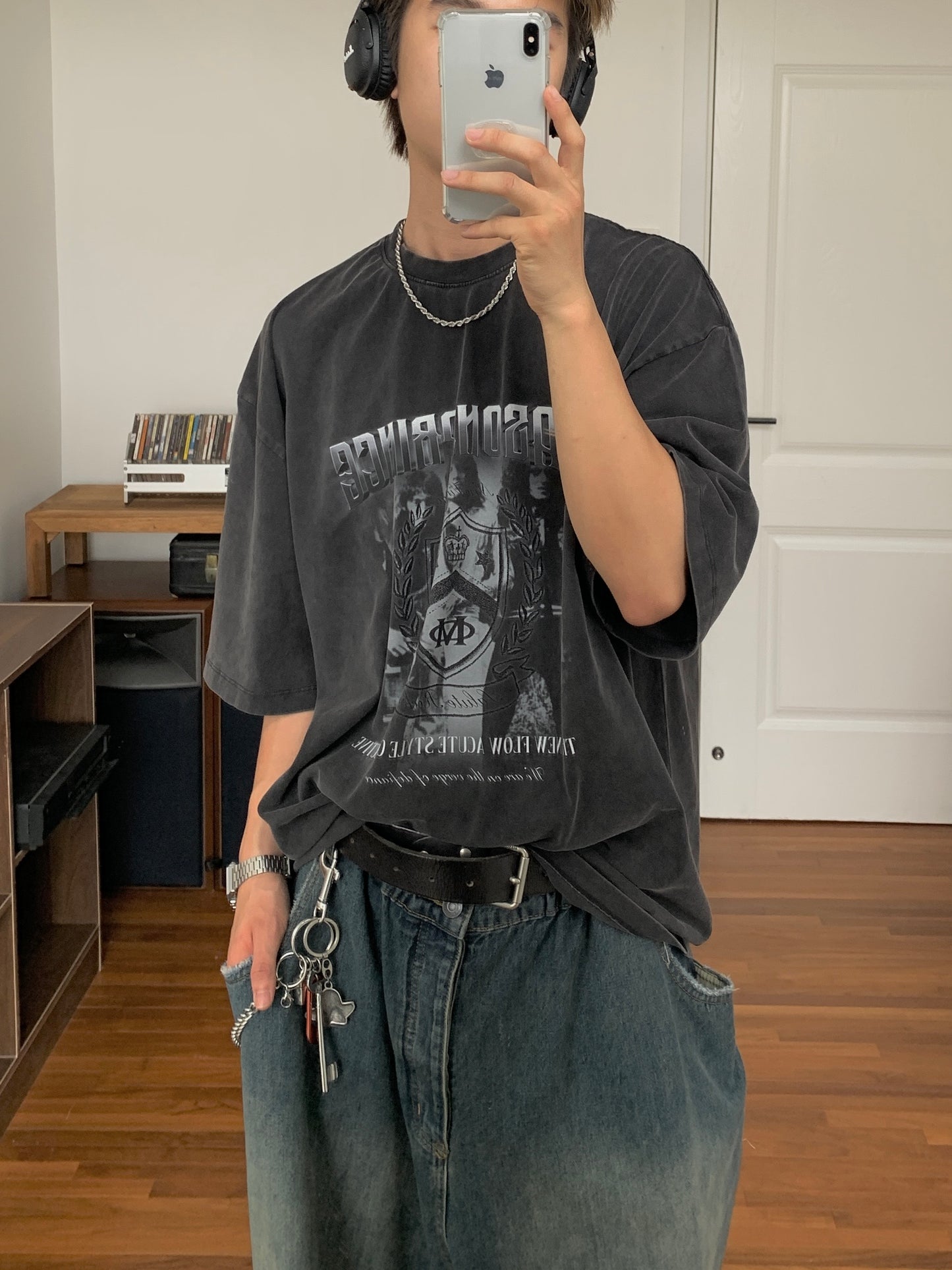 Big silhouette vintage processing MP original print band T-shirt DT0602