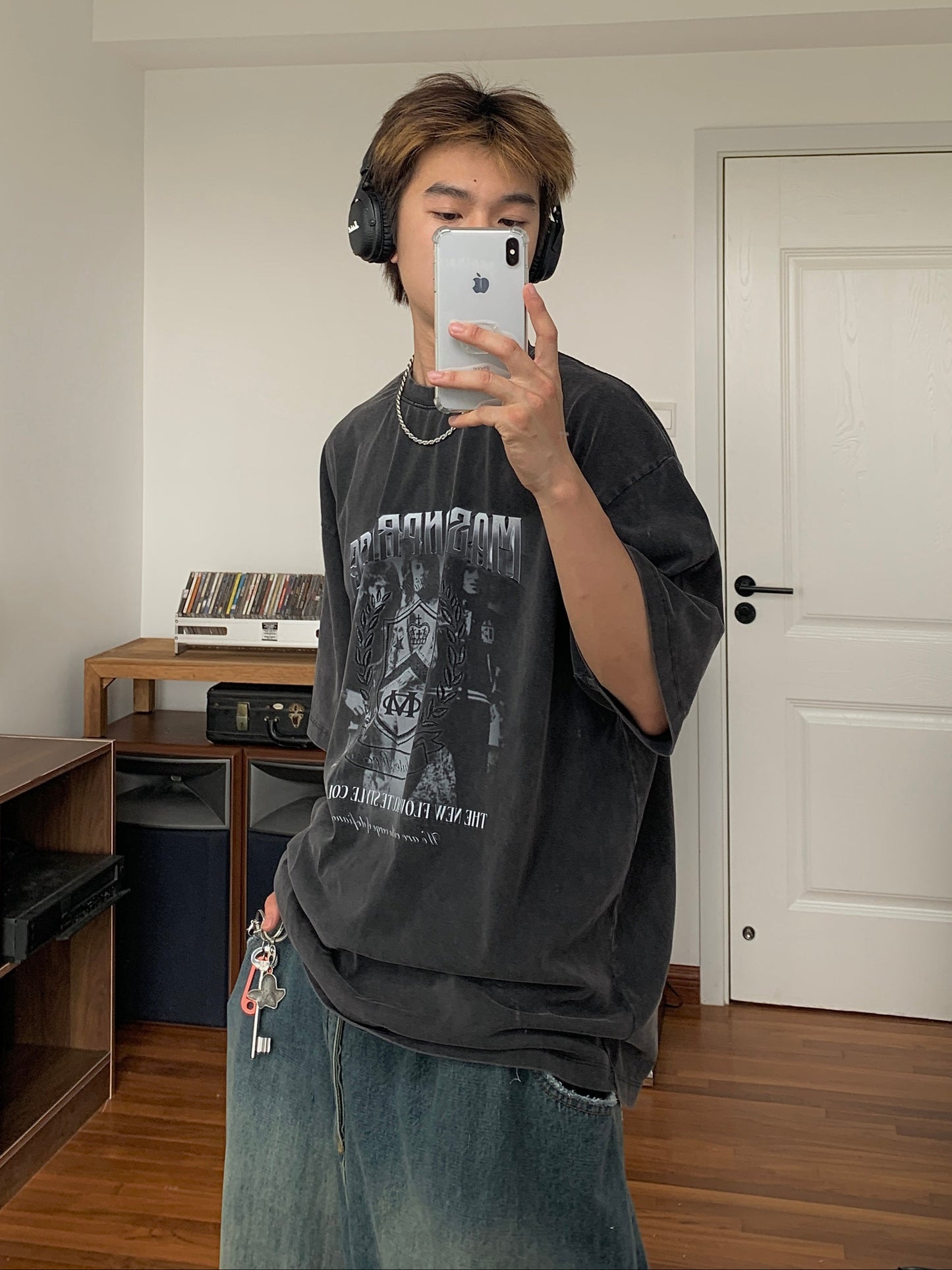 Big silhouette vintage processing MP original print band T-shirt DT0602