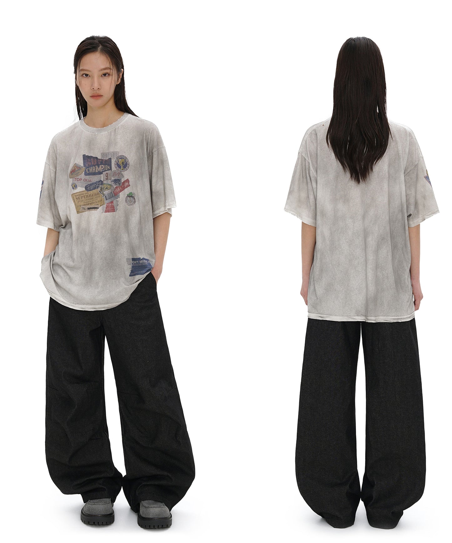 オーバーサイズ 汚れ加工 ステッカープリント Tシャツ DT4296【2025SS】