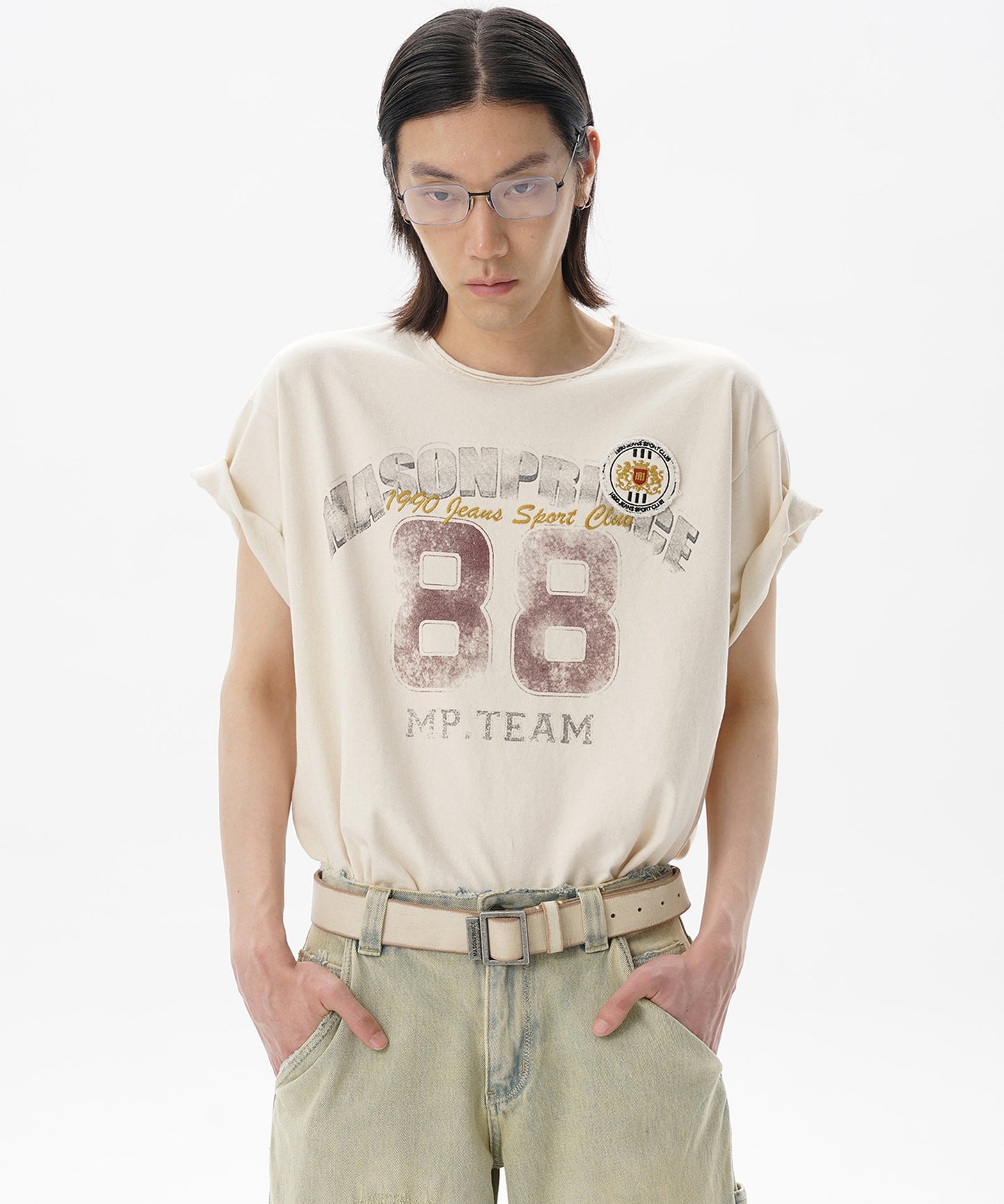 【SALE 30%OFF_特別価格適用※カートに入れるとセール価格が適用されます※】オーバーサイズ ヴィンテージ加工 ロゴ刺繍 Tシャツ DT4302【MASONPRINCE】【2025SS】