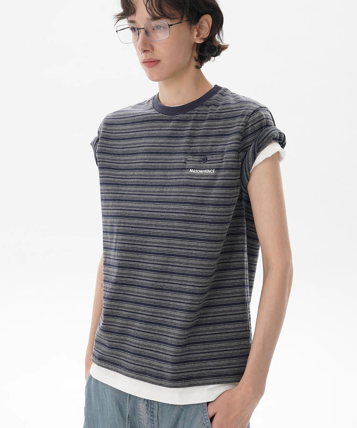 レイヤードデザイン ロゴ ボーダー柄 Tシャツ DT4334【MASONPRINCE】【2025SS】