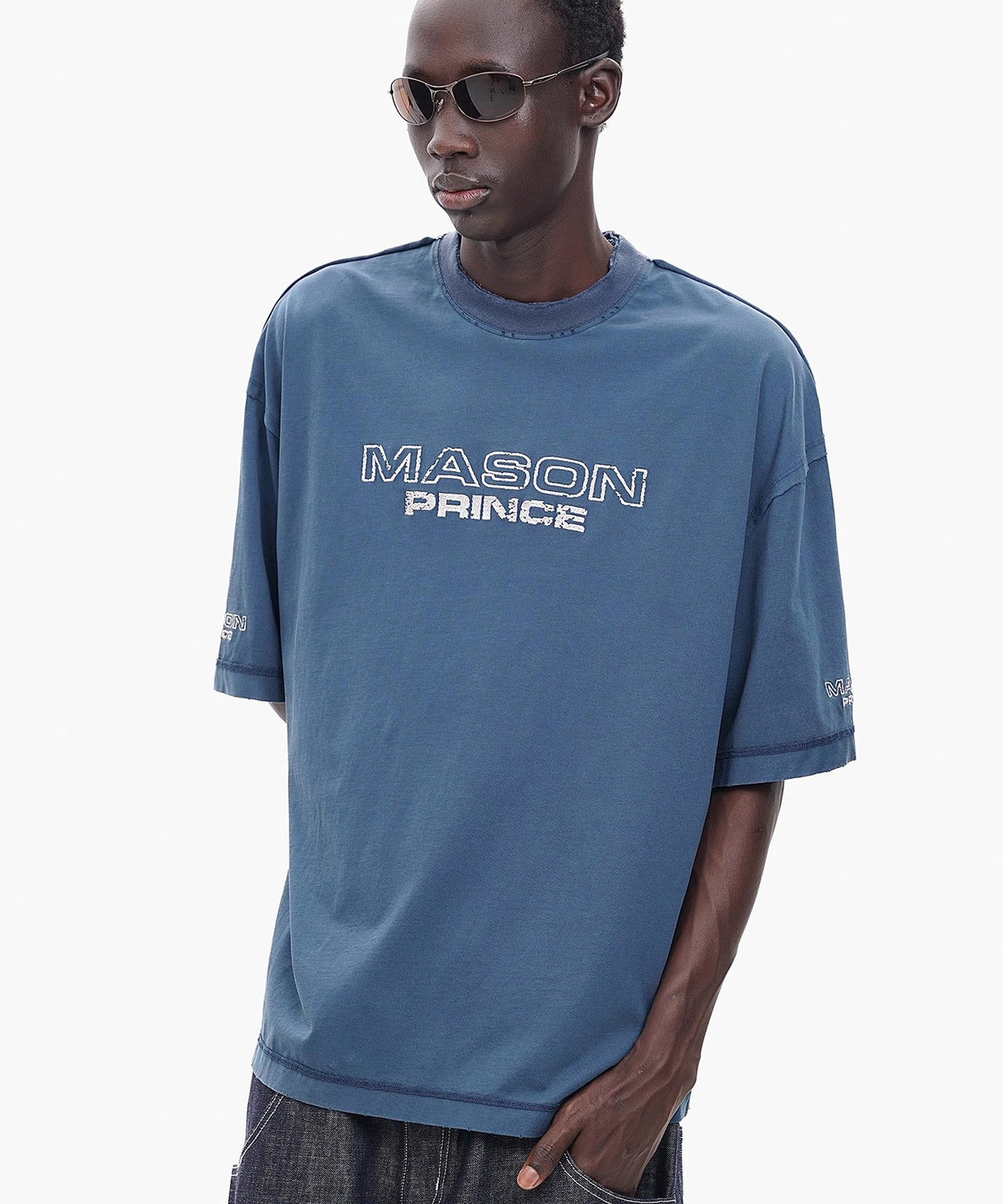 オーバーサイズ 掠れロゴ レイヤードネック Tシャツ DT4367【MASONPRINCE】【2025SS】