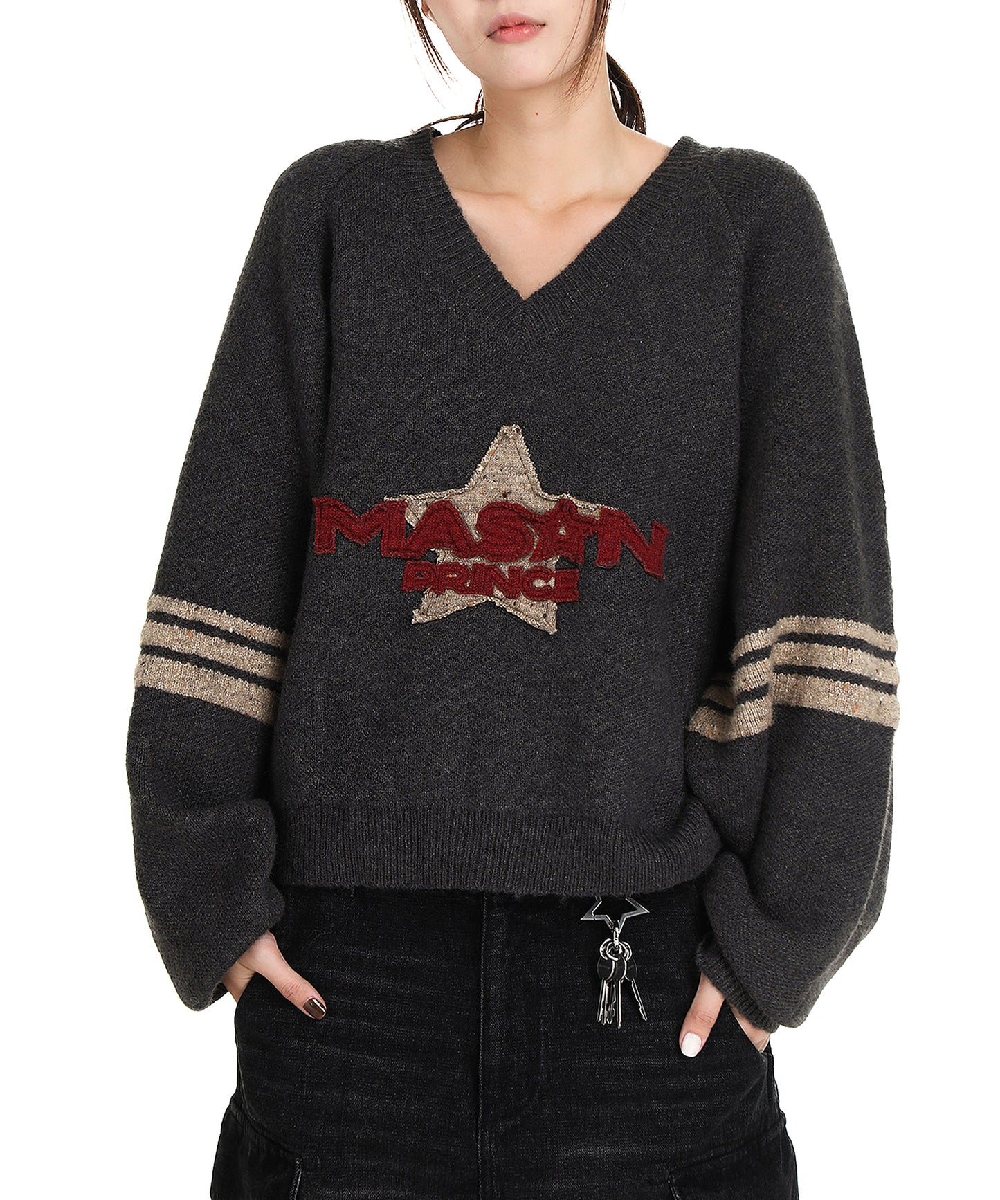 Dolman sleeve side line V-neck knit MY2129