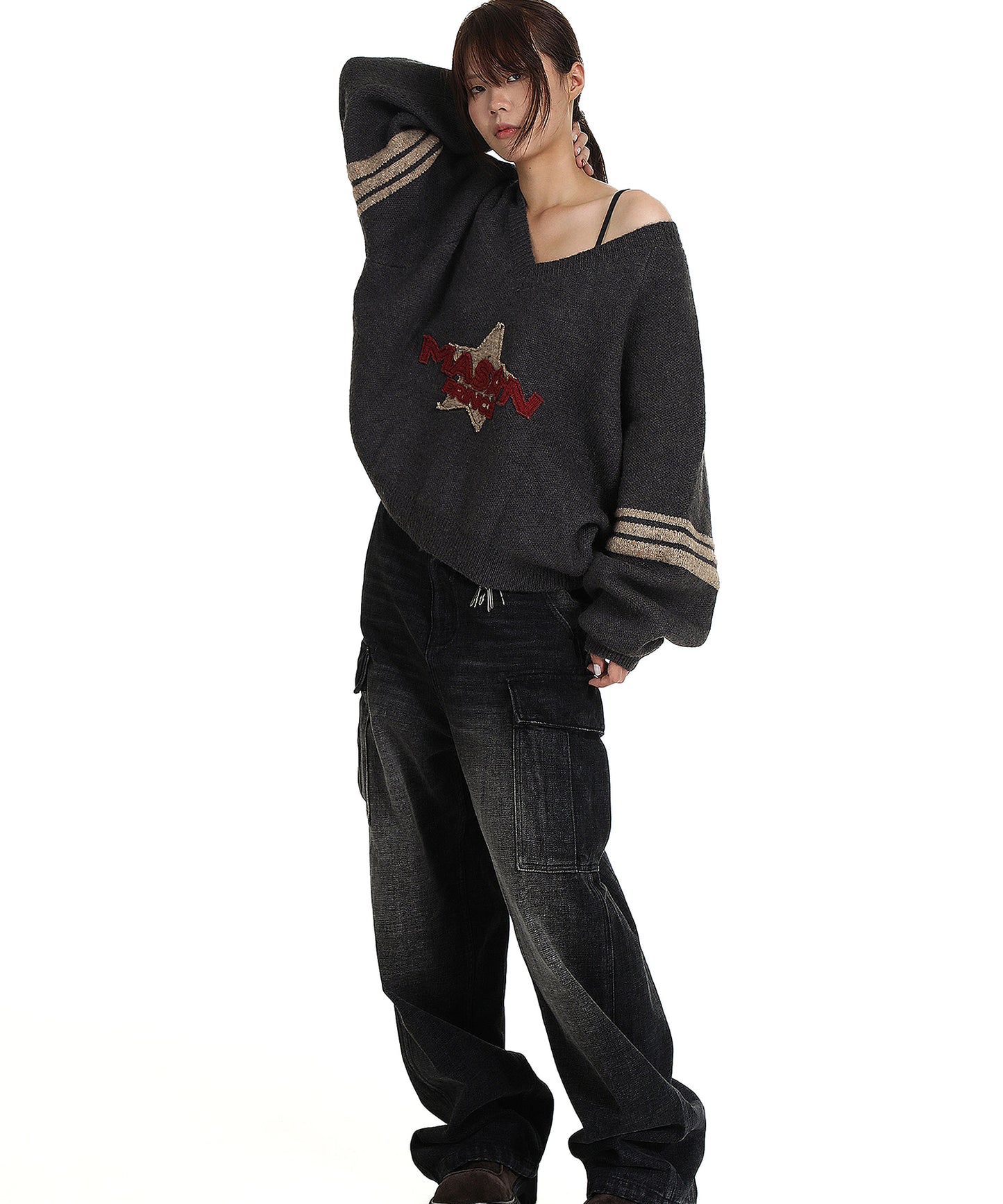 Dolman sleeve side line V-neck knit MY2129
