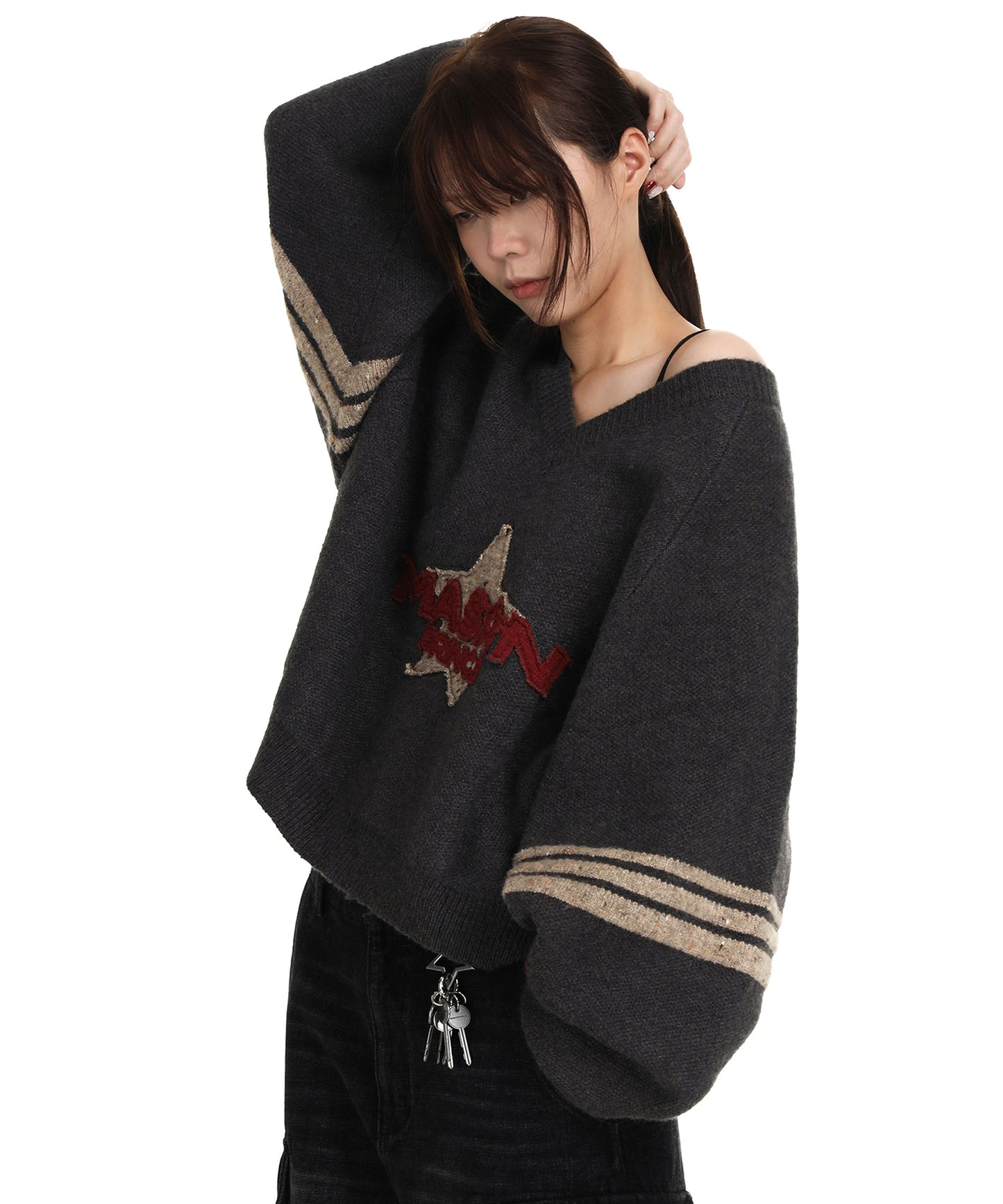 Dolman sleeve side line V-neck knit MY2129