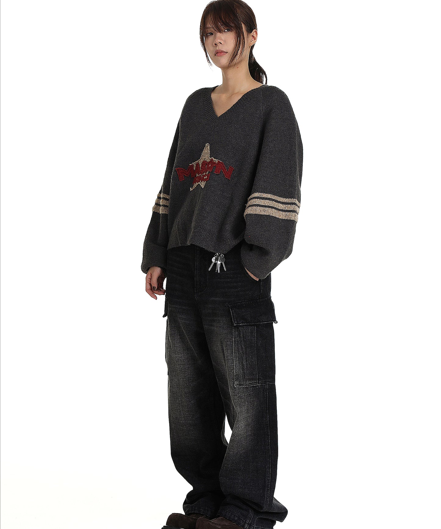 Dolman sleeve side line V-neck knit MY2129