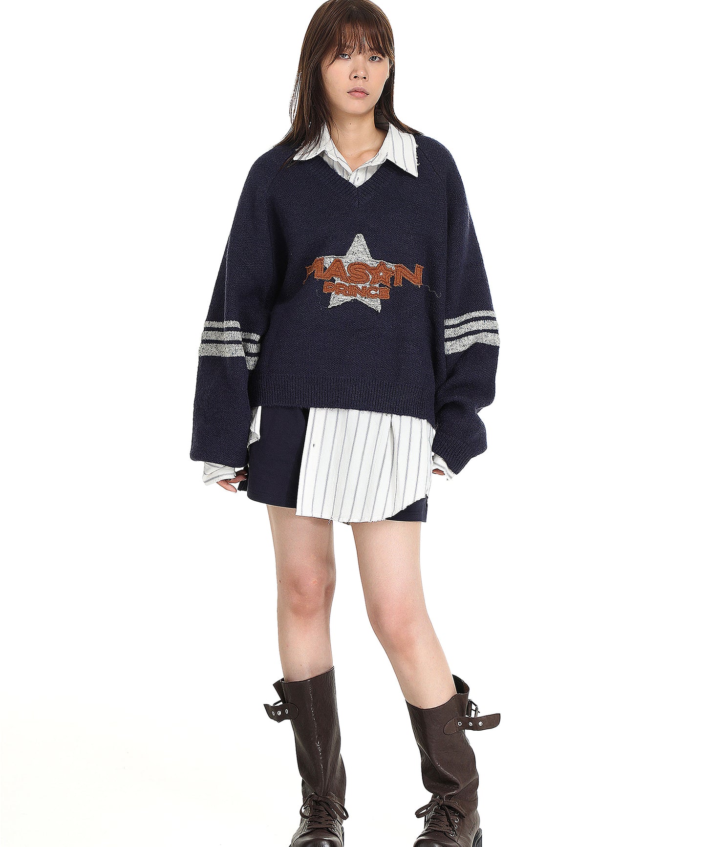 Dolman sleeve side line V-neck knit MY2129