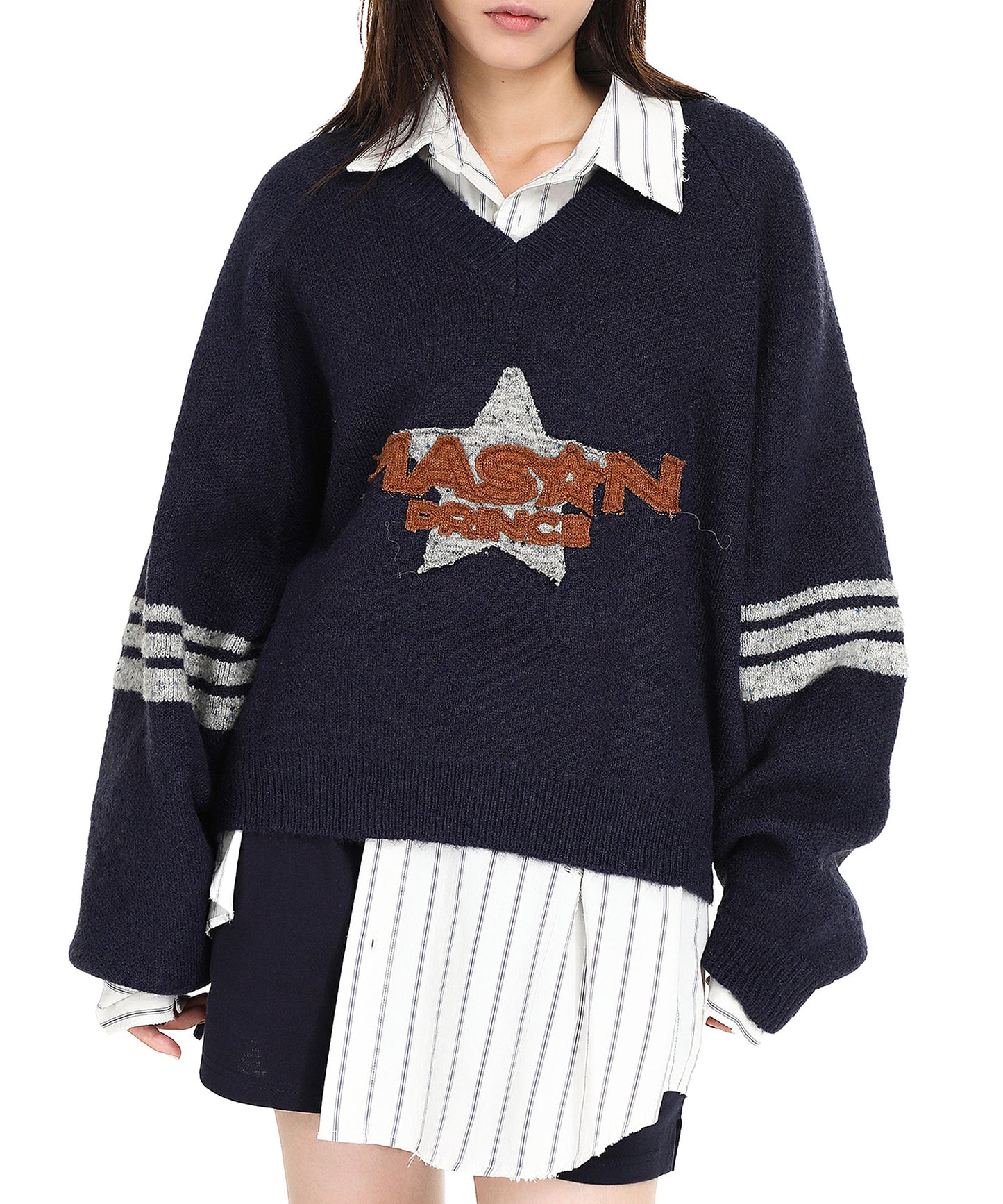 Dolman sleeve side line V-neck knit MY2129