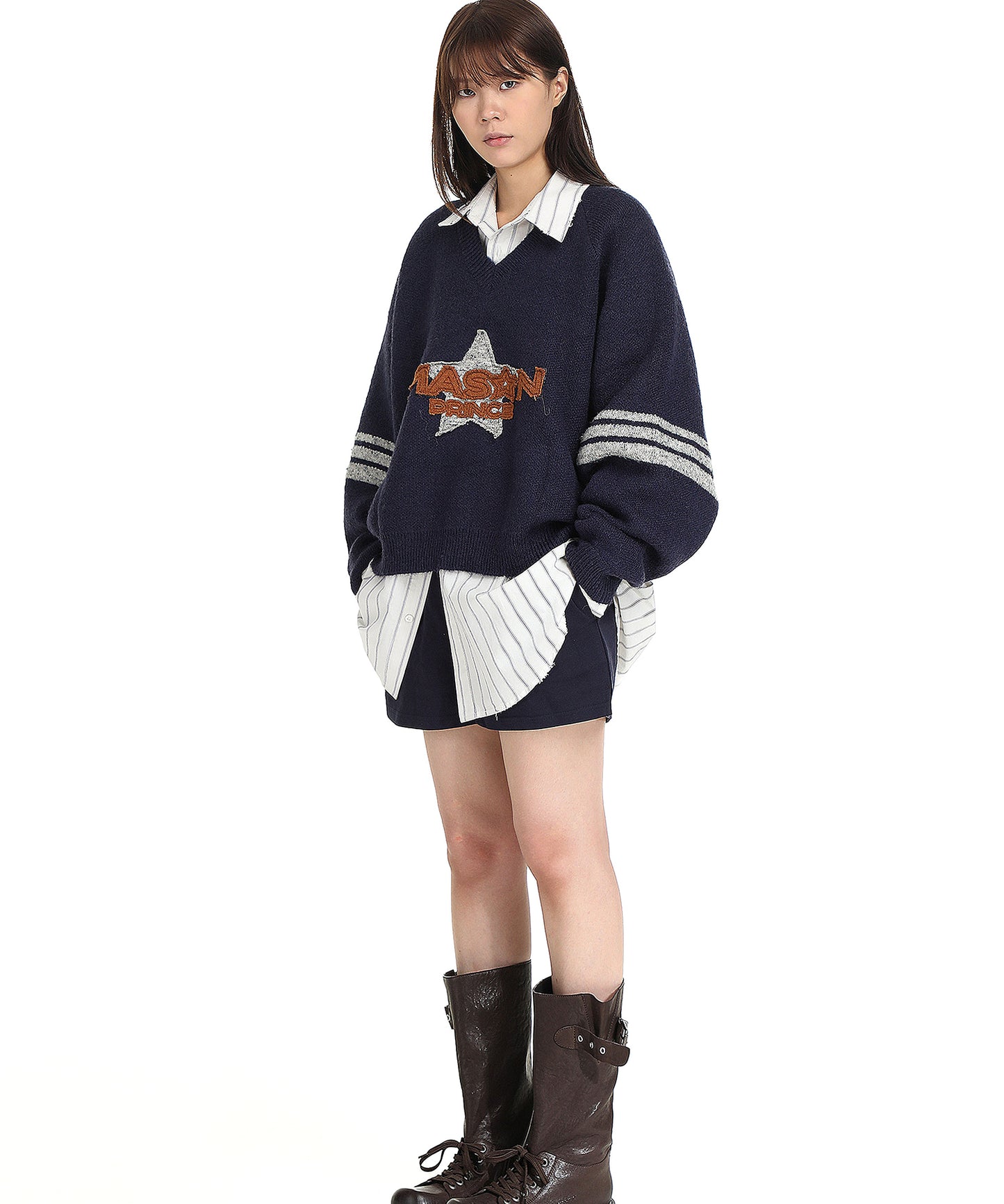 Dolman sleeve side line V-neck knit MY2129
