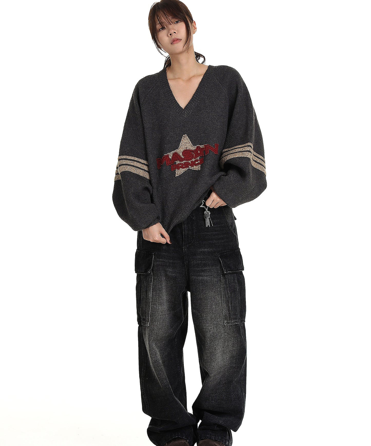 Dolman sleeve side line V-neck knit MY2129