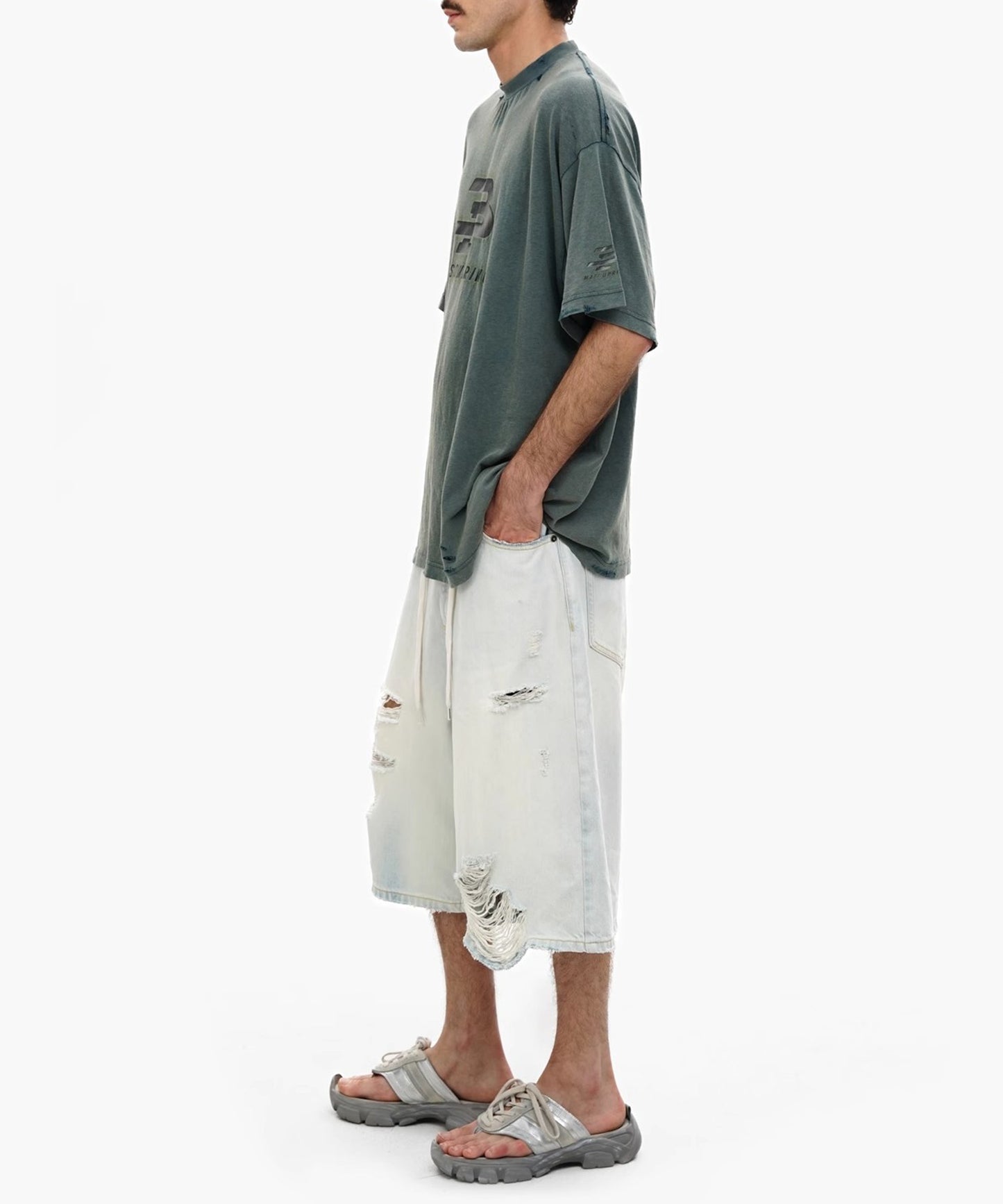 ルーズフィット ダメージ加工 クロップドデニムパンツ NDK1988【MASONPRINCE】【2025SS】