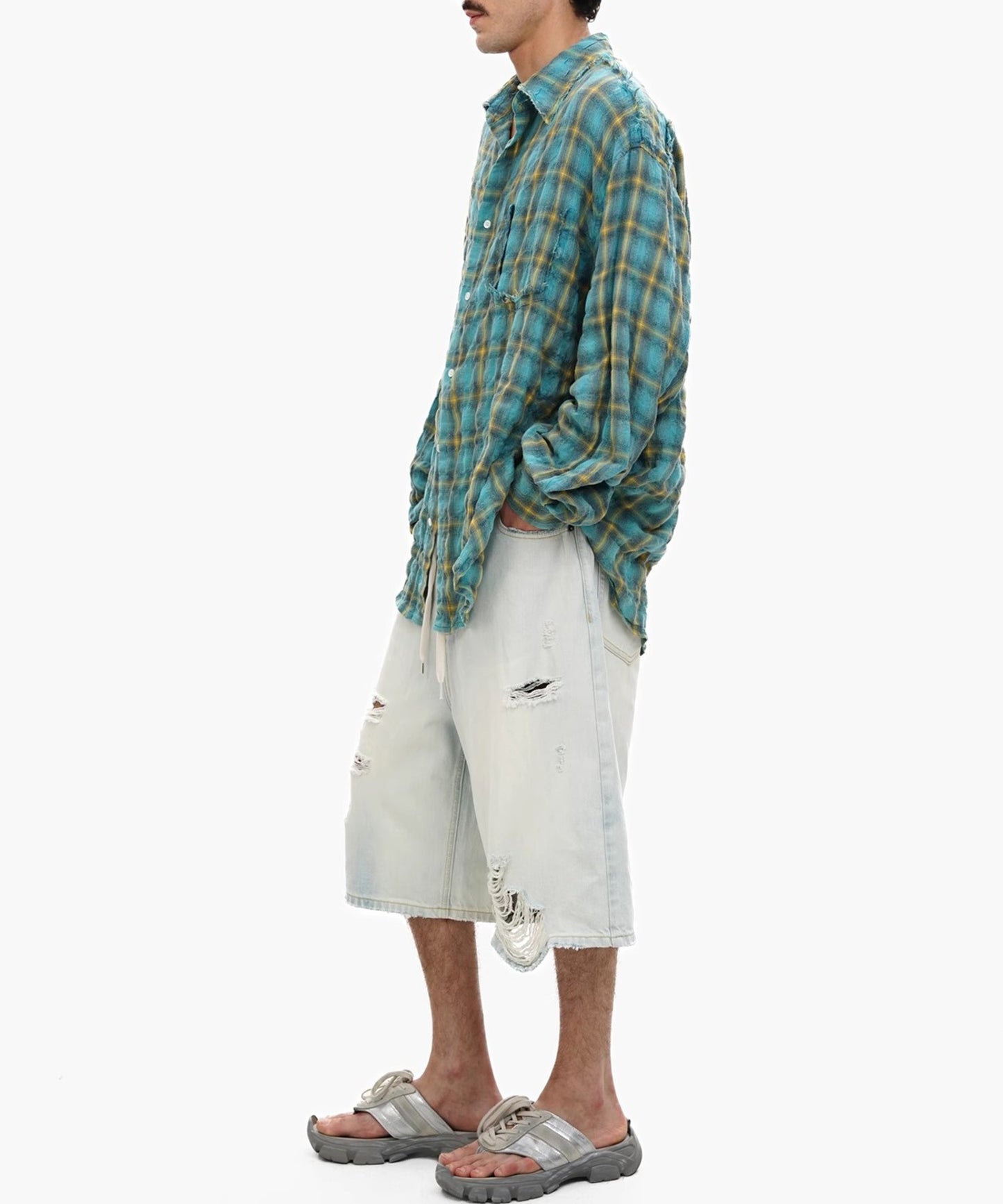 ルーズフィット ダメージ加工 クロップドデニムパンツ NDK1988【MASONPRINCE】【2025SS】