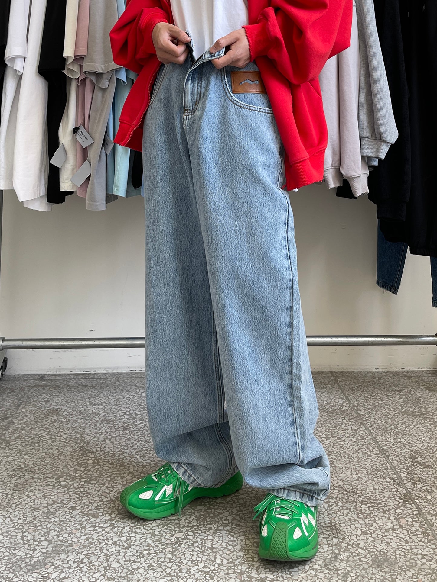 Wide straight silhouette high waist denim pants NZK5020