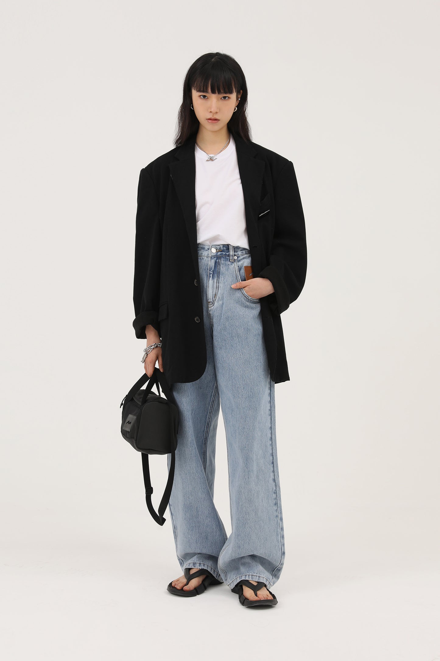 Wide straight silhouette high waist denim pants NZK5020