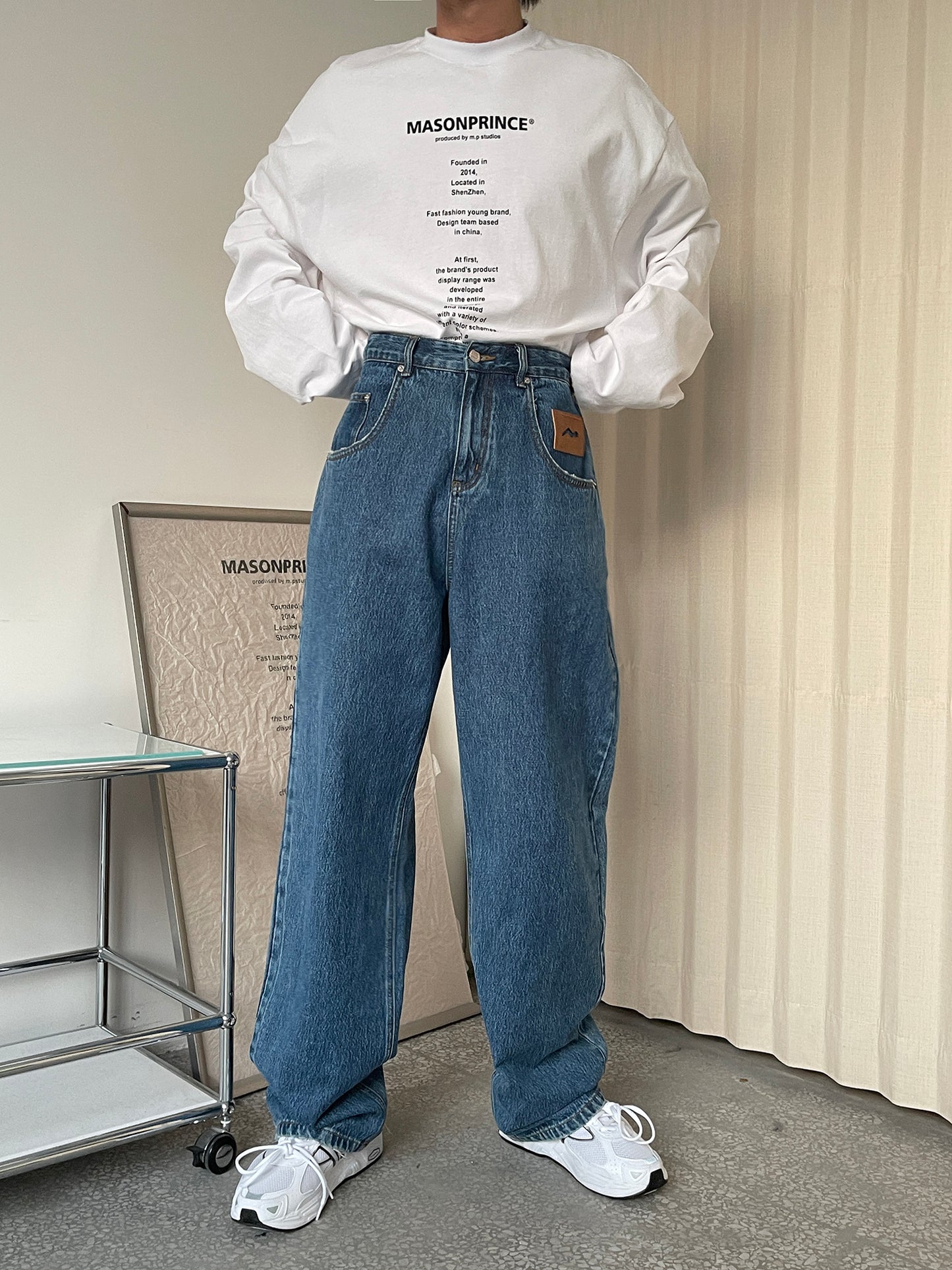 Wide straight silhouette high waist denim pants NZK5020
