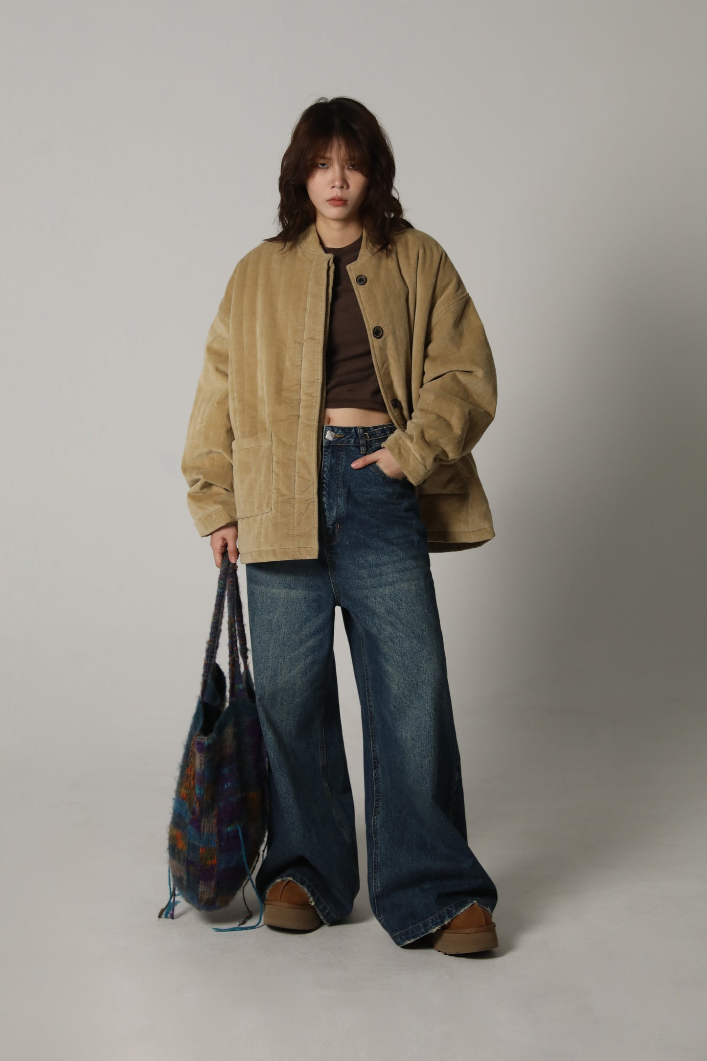 Side belt wide flare denim pants NZK6069
