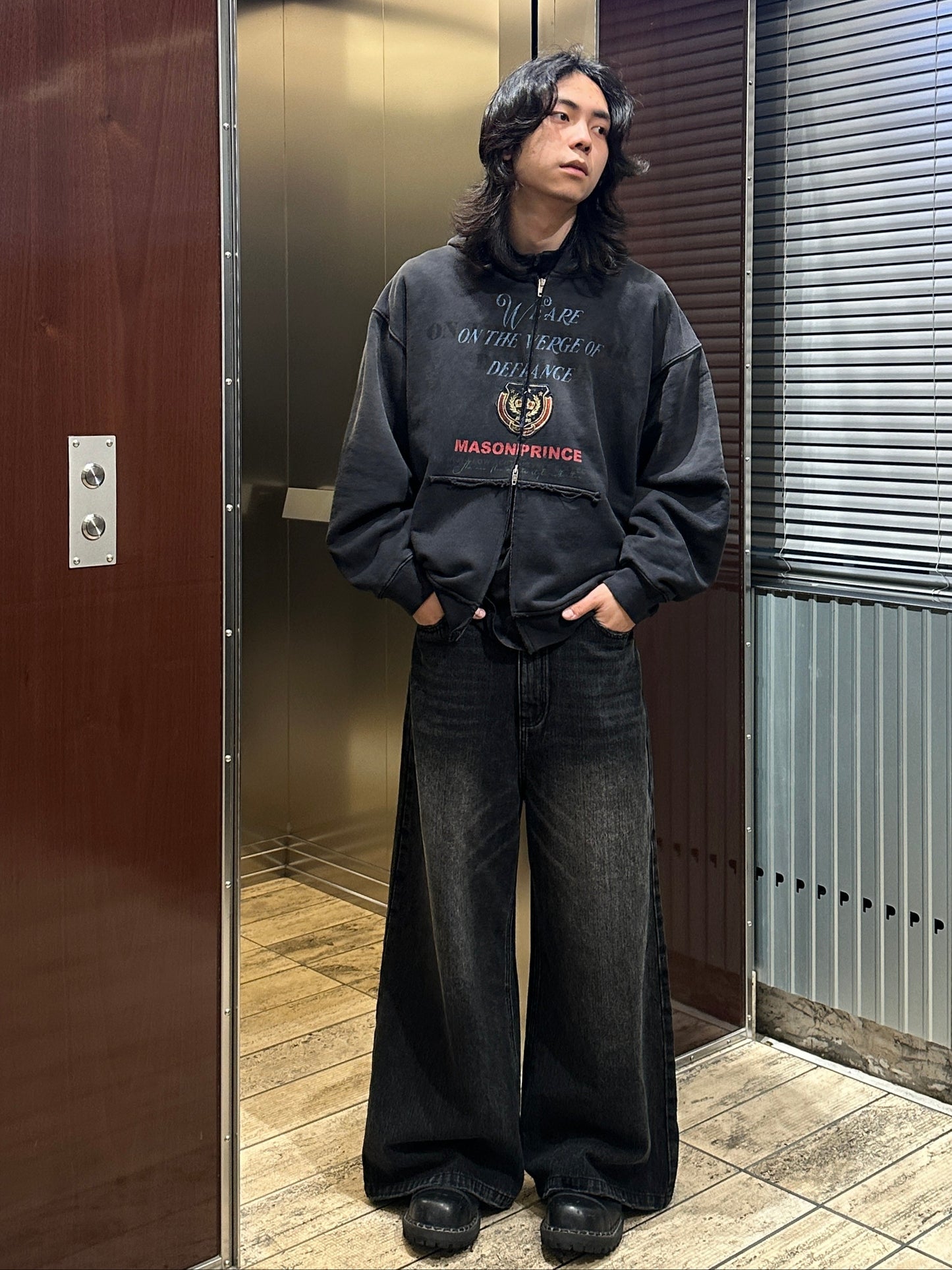 Side belt wide flare denim pants NZK6069