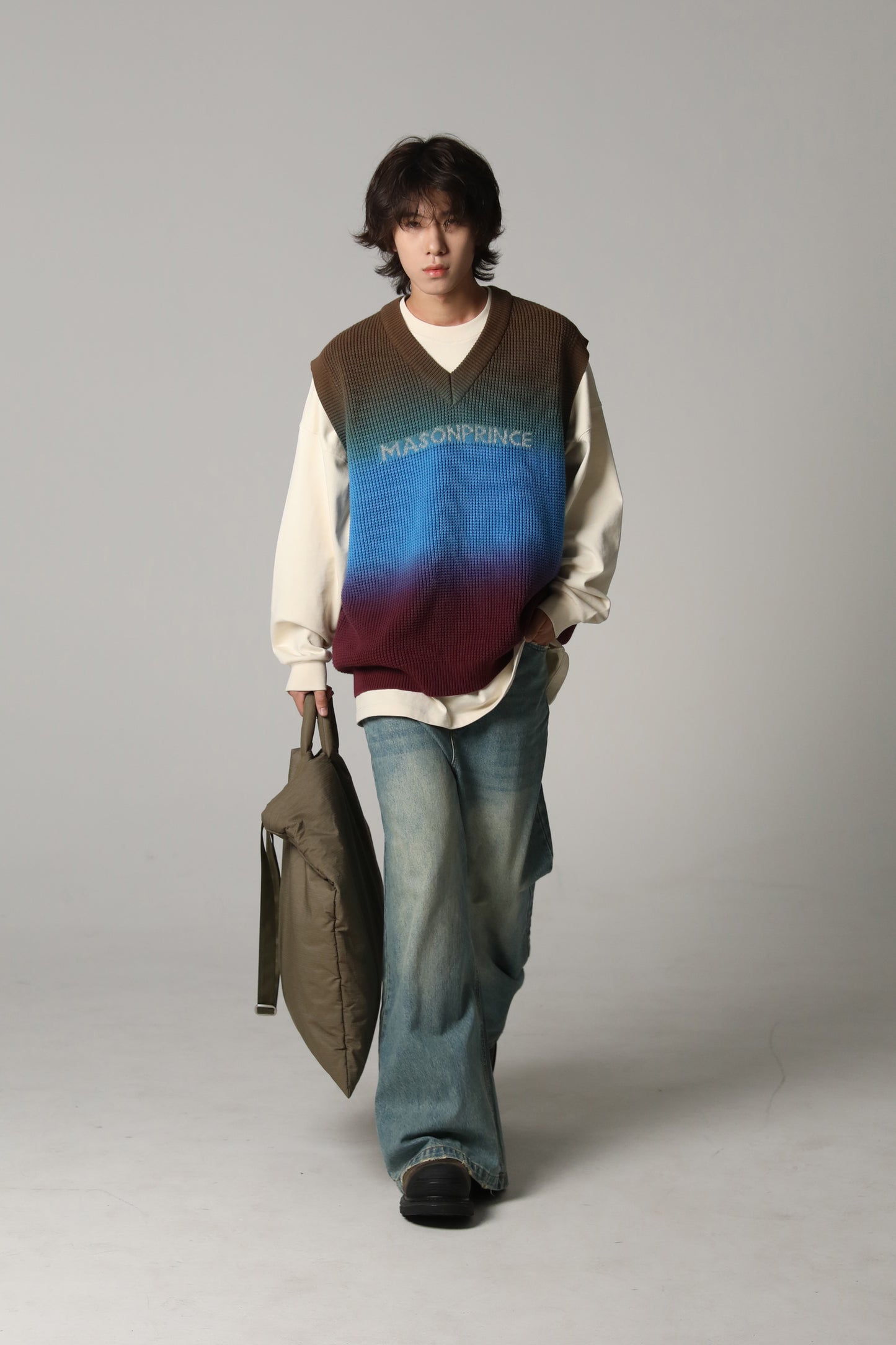 Side belt wide flare denim pants NZK6069