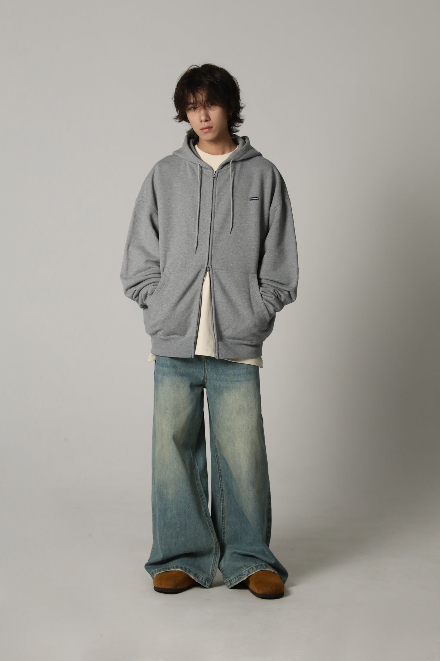 Side belt wide flare denim pants NZK6069