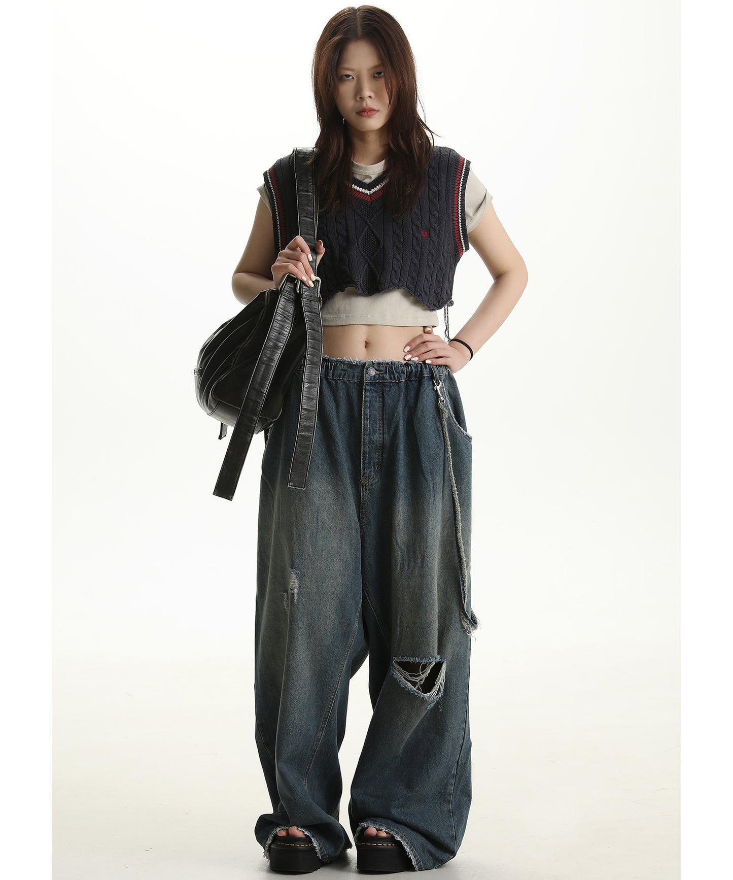ワイドシルエット ウエストゴム ダメージ加工デニムパンツ NZK6128