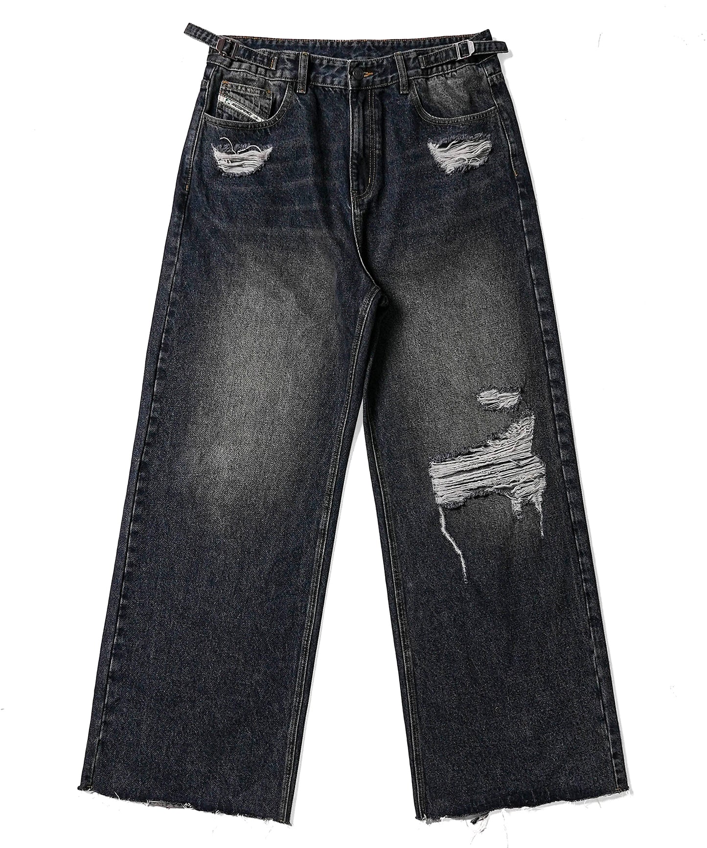Wide silhouette distressed denim pants with side belt NZK6133