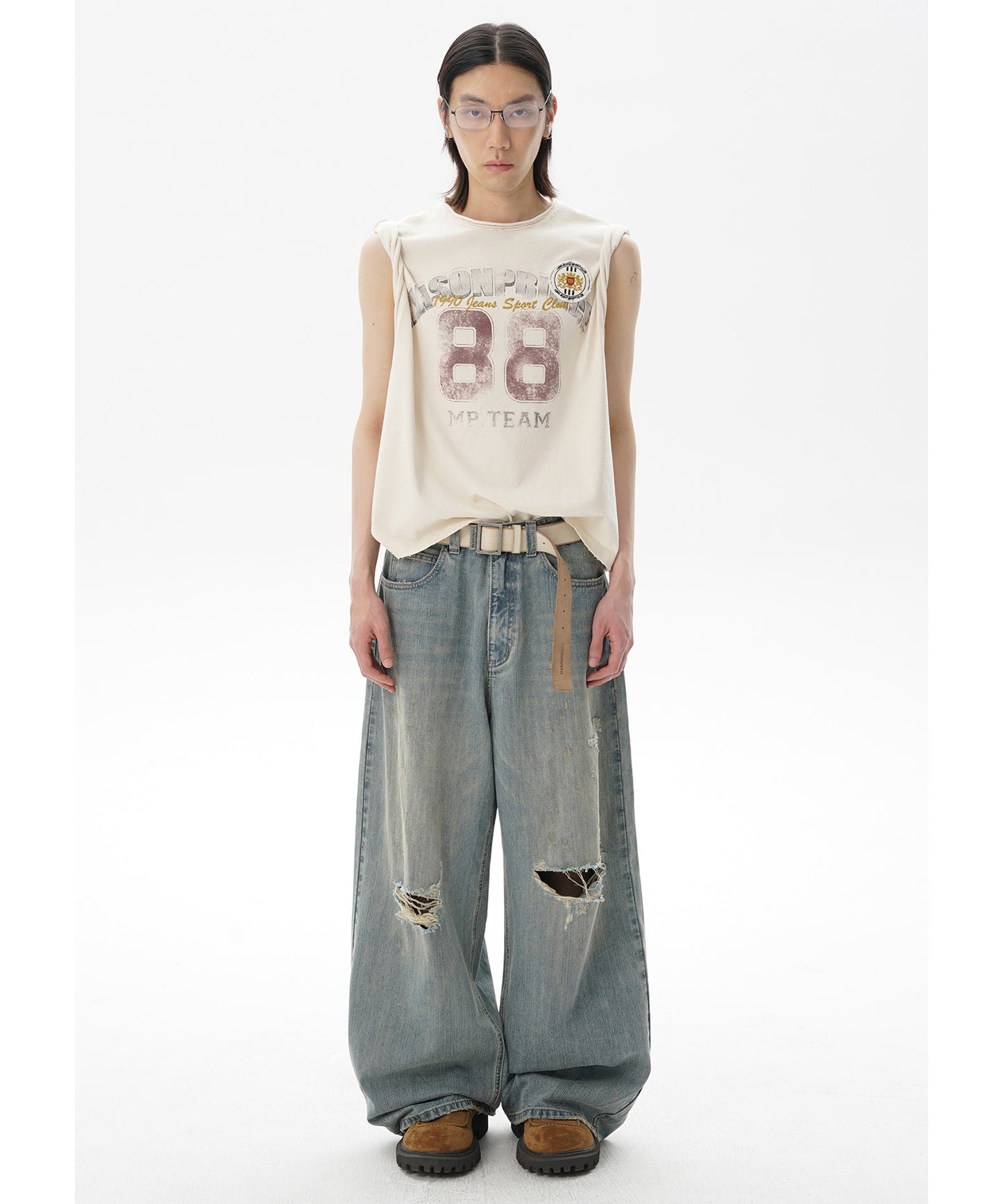 ルーズフィット レトロブルー ダメージ加工 デニムパンツ NZK6234【MASONPRINCE】【2025SS】