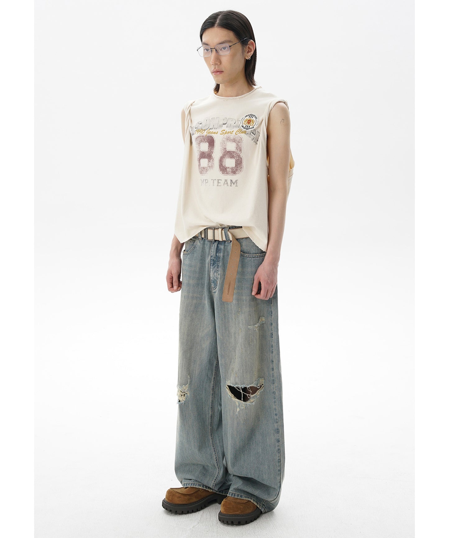 ルーズフィット レトロブルー ダメージ加工 デニムパンツ NZK6234【MASONPRINCE】【2025SS】