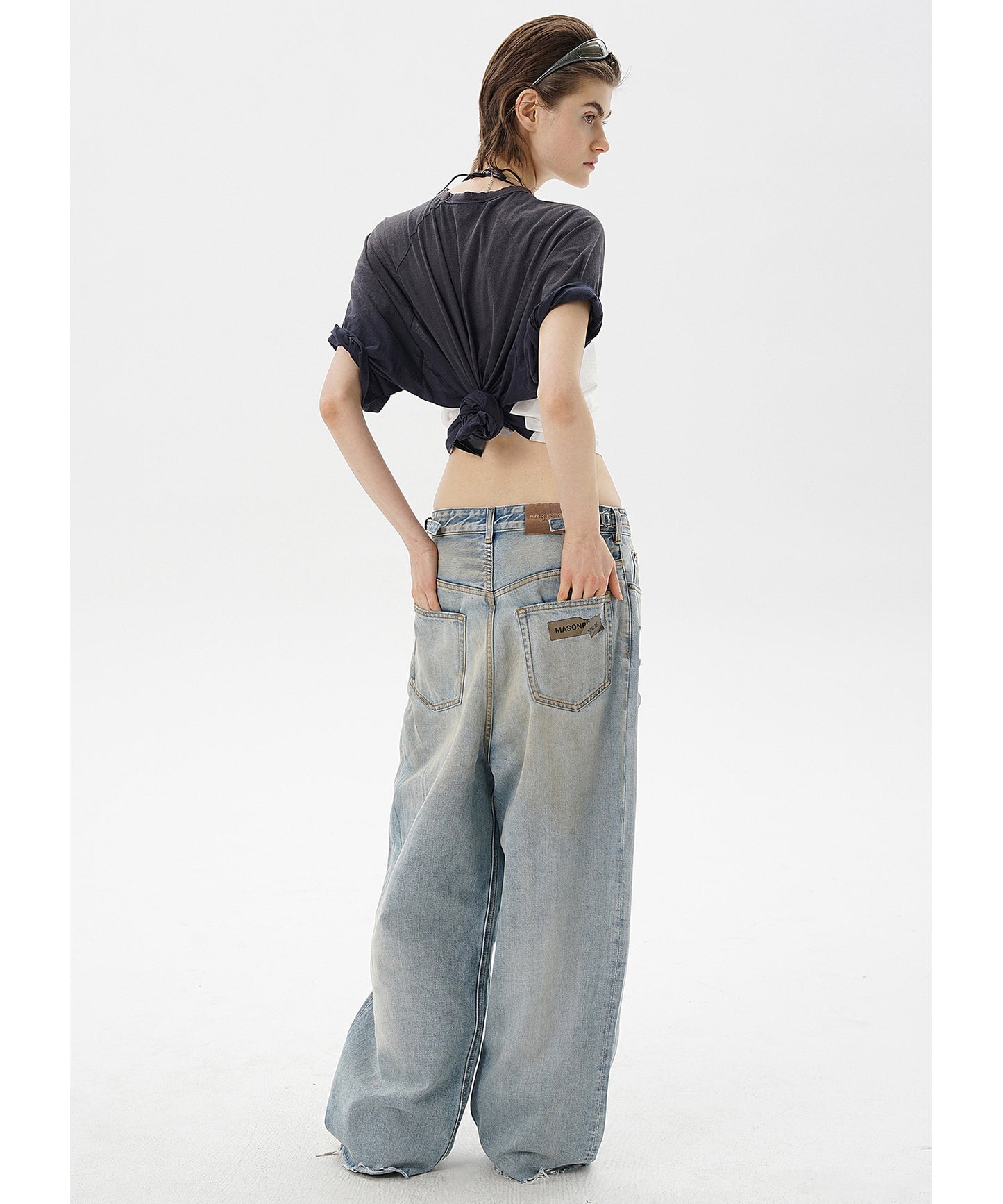 【自社サイト限定】ルーズフィット ステッカープリント サイドベルト付き デニムパンツ NZK6237【MASONPRINCE】【2025SS】