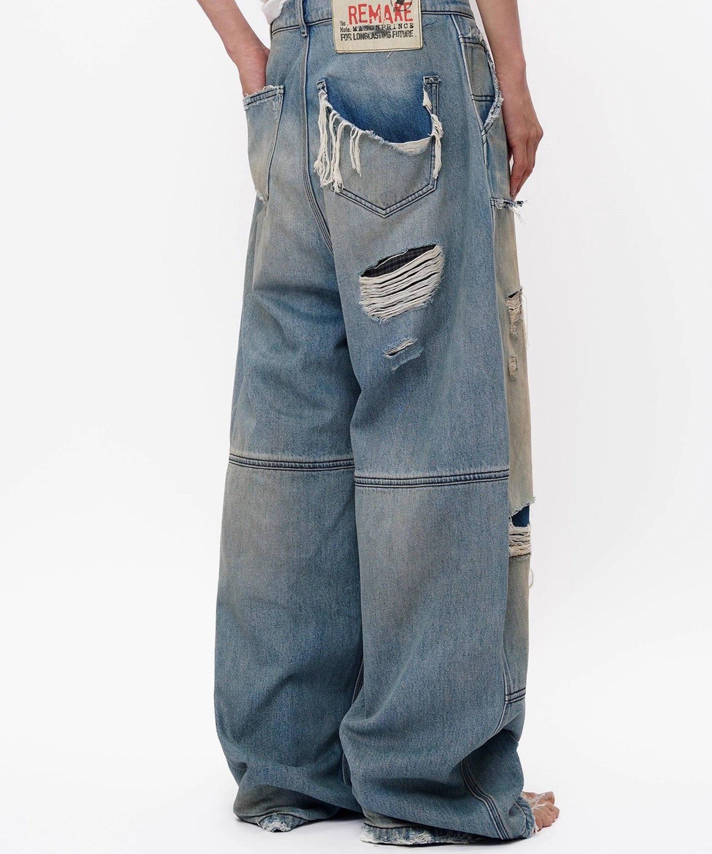 ルーズフィット ダブルニー ダメージ加工 デニムパンツ NZK6243【MASONPRINCE】【2025AW】