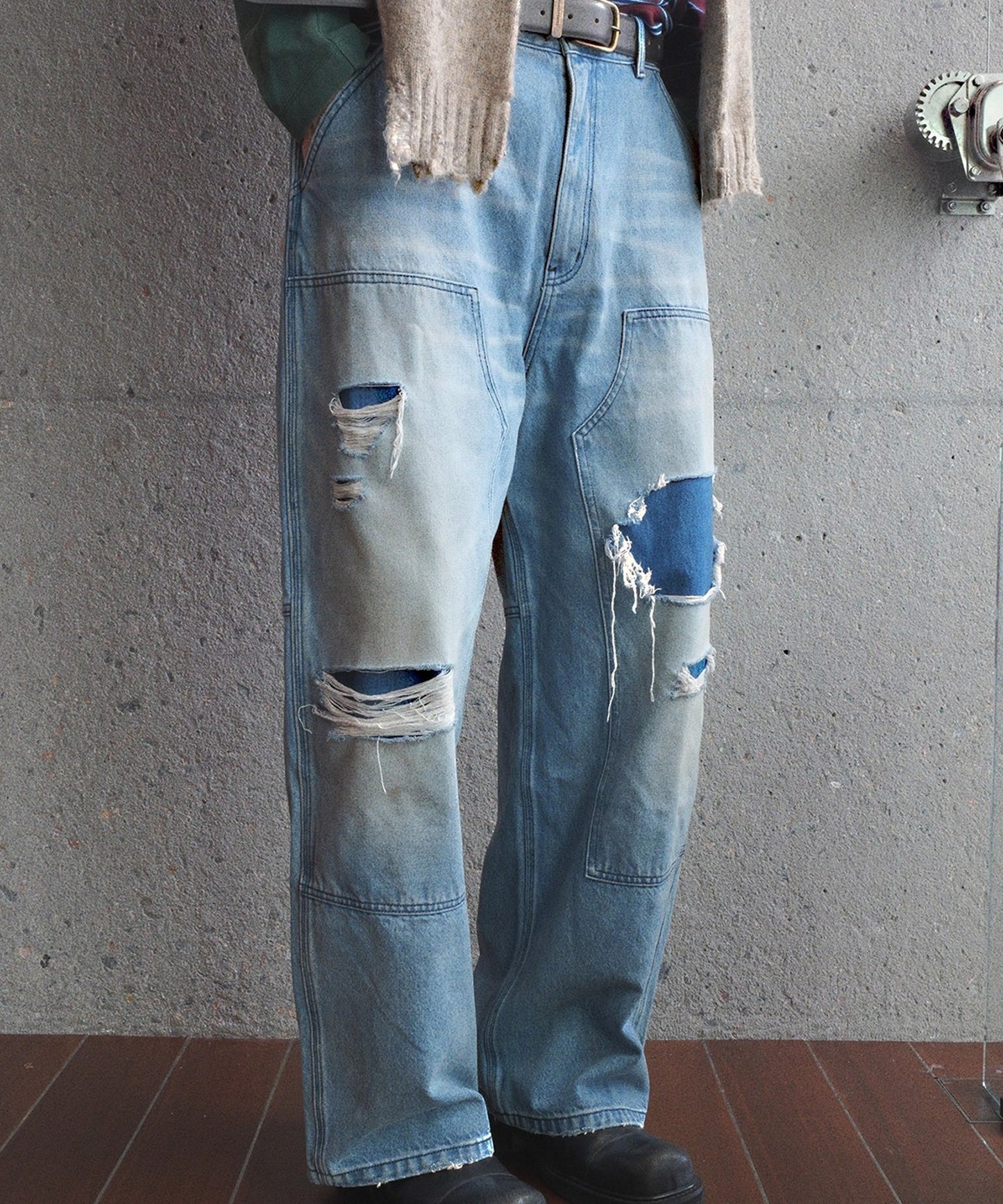 ルーズフィット ダブルニー ダメージ加工 デニムパンツ NZK6243【MASONPRINCE】【2025AW】