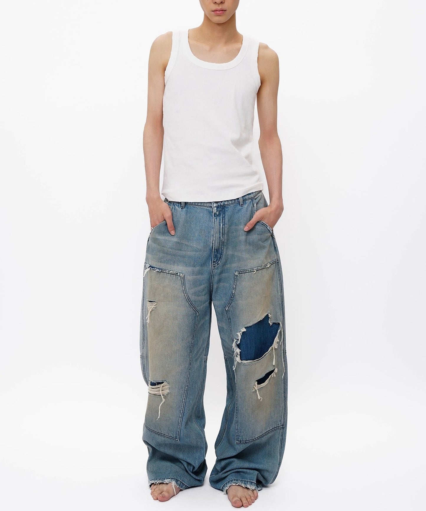 ルーズフィット ダブルニー ダメージ加工 デニムパンツ NZK6243【MASONPRINCE】【2025AW】