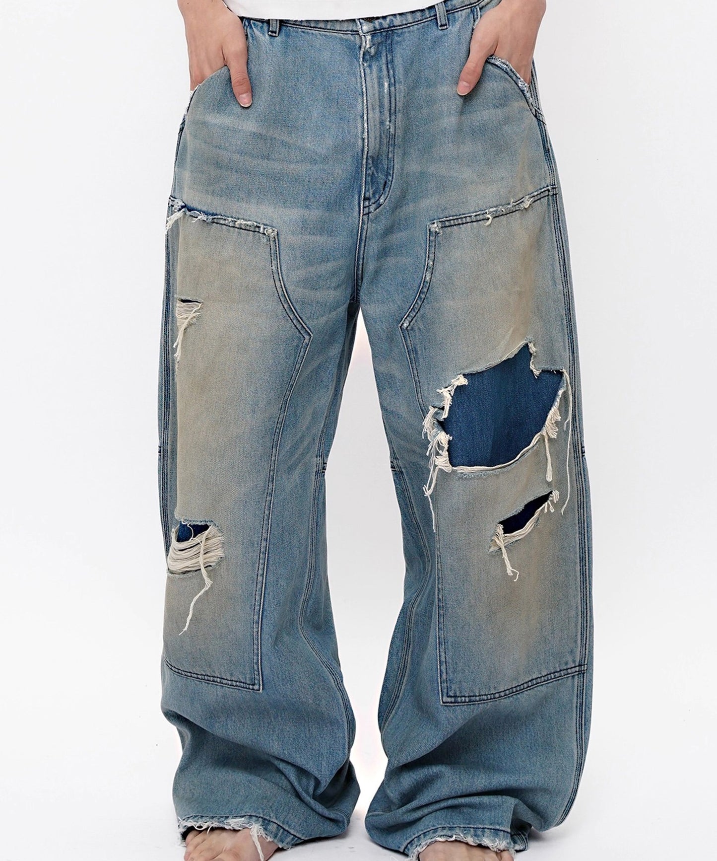 ルーズフィット ダブルニー ダメージ加工 デニムパンツ NZK6243【MASONPRINCE】【2025AW】