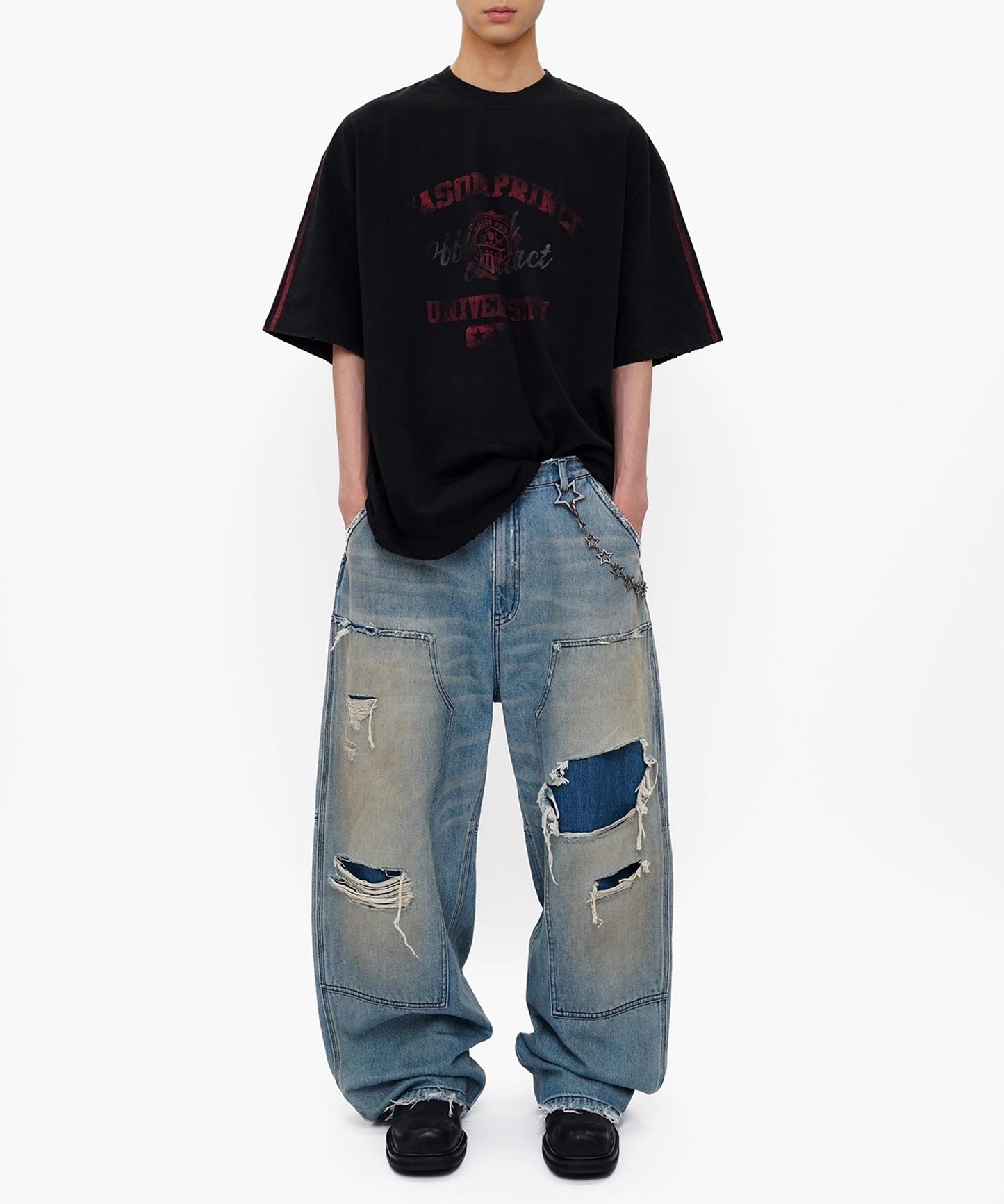 ルーズフィット ダブルニー ダメージ加工 デニムパンツ NZK6243【MASONPRINCE】【2025AW】