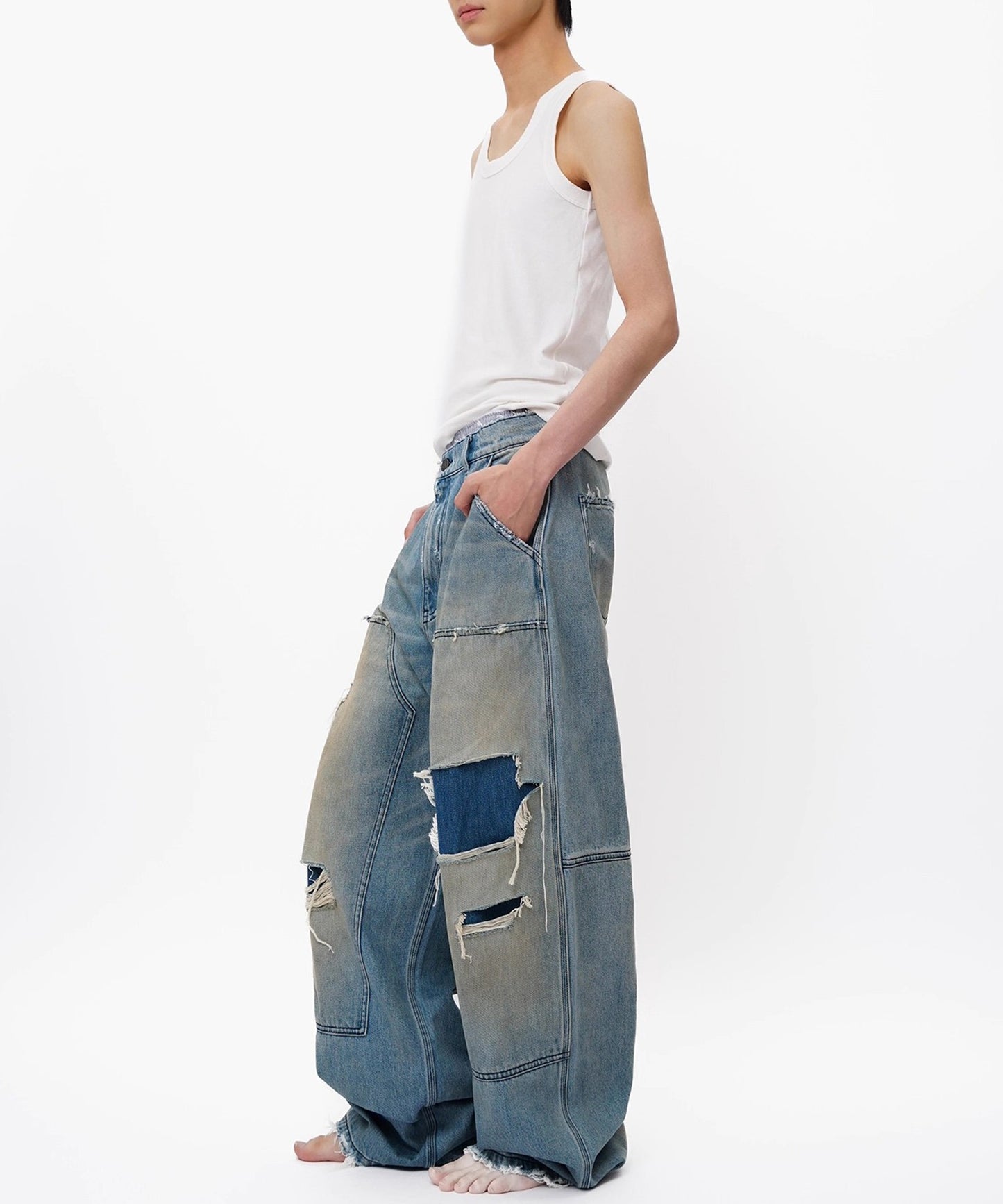 ルーズフィット ダブルニー ダメージ加工 デニムパンツ NZK6243【MASONPRINCE】【2025AW】