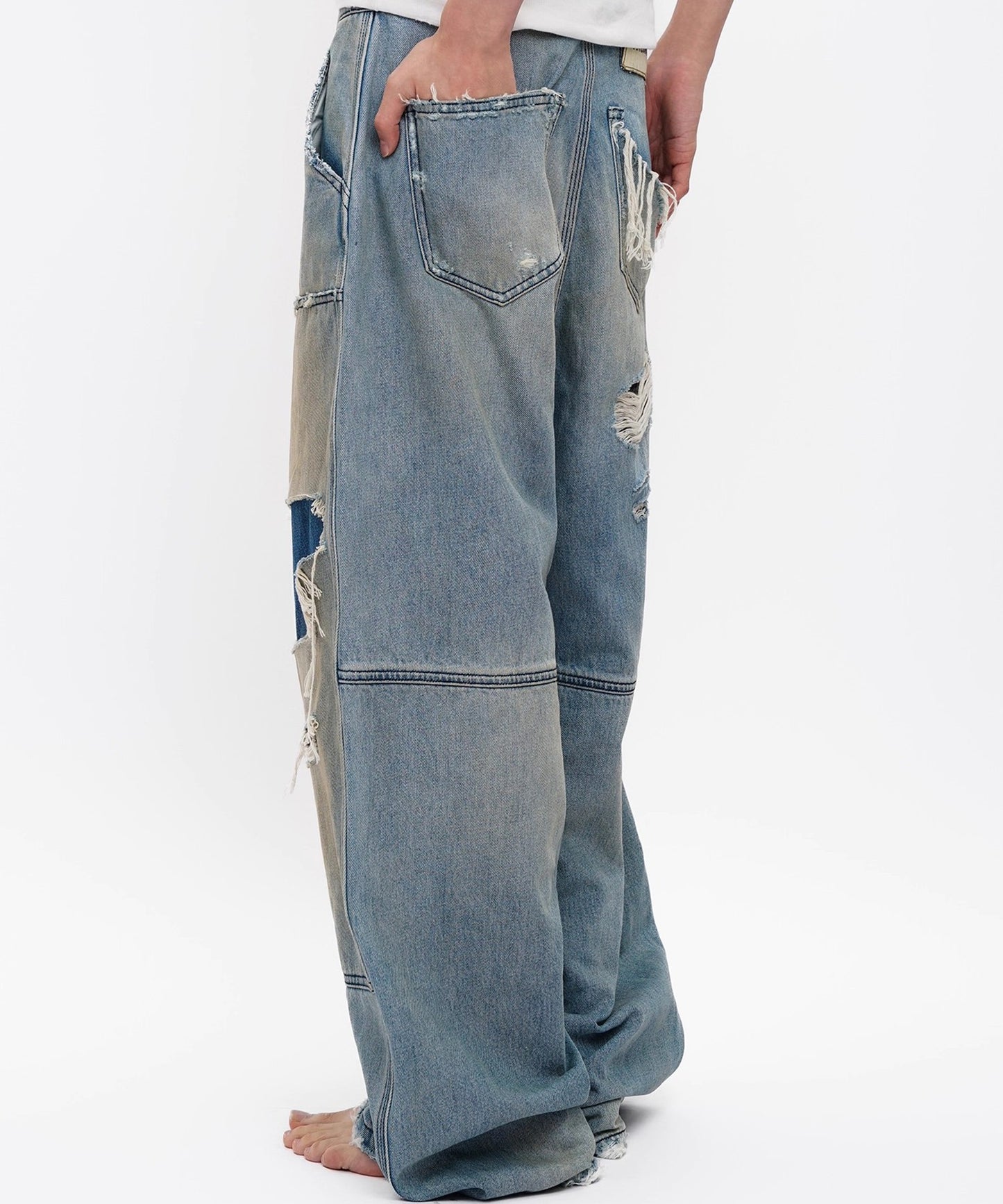 ルーズフィット ダブルニー ダメージ加工 デニムパンツ NZK6243【MASONPRINCE】【2025AW】