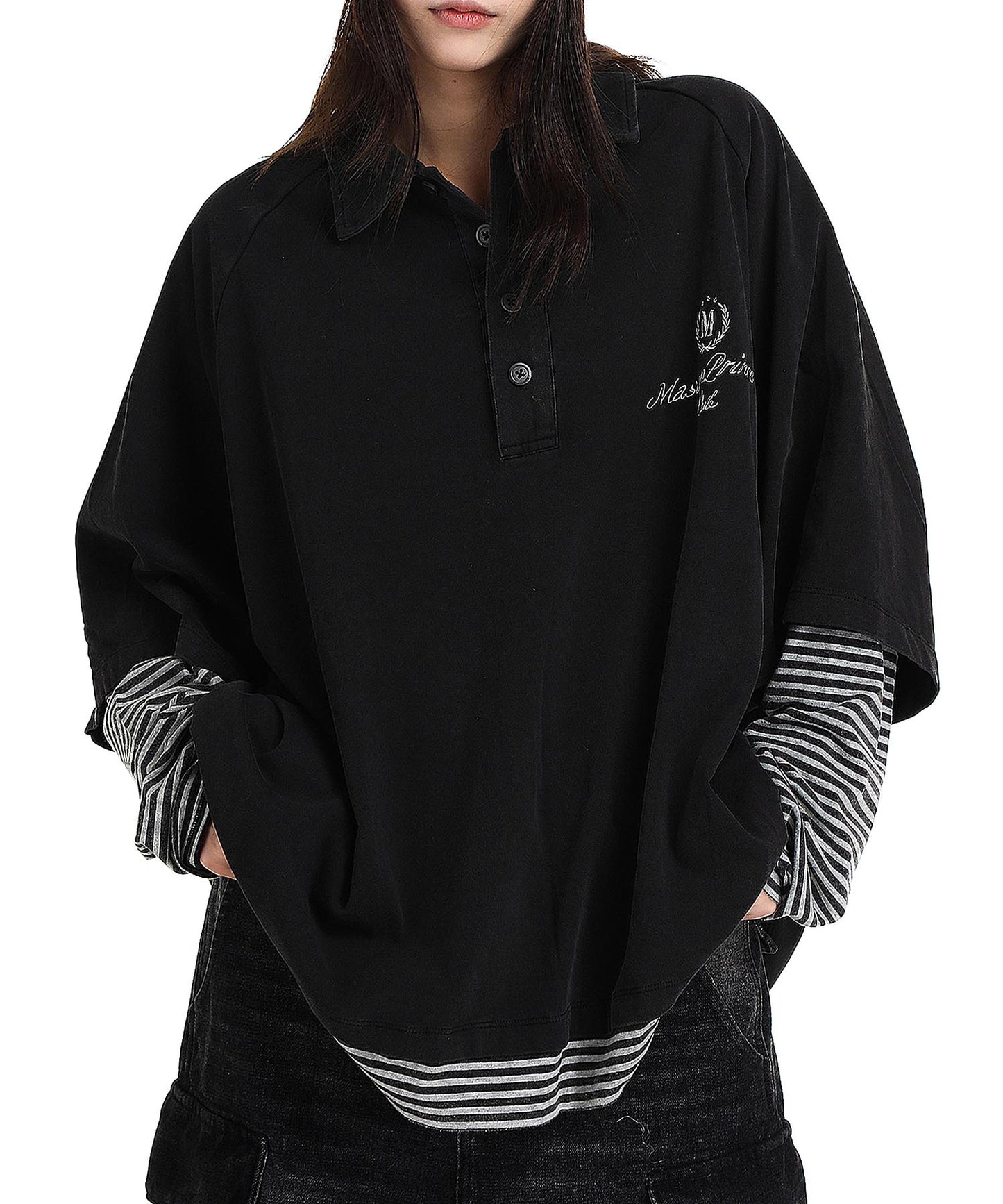 Oversized layered design long sleeve polo shirt PL3019