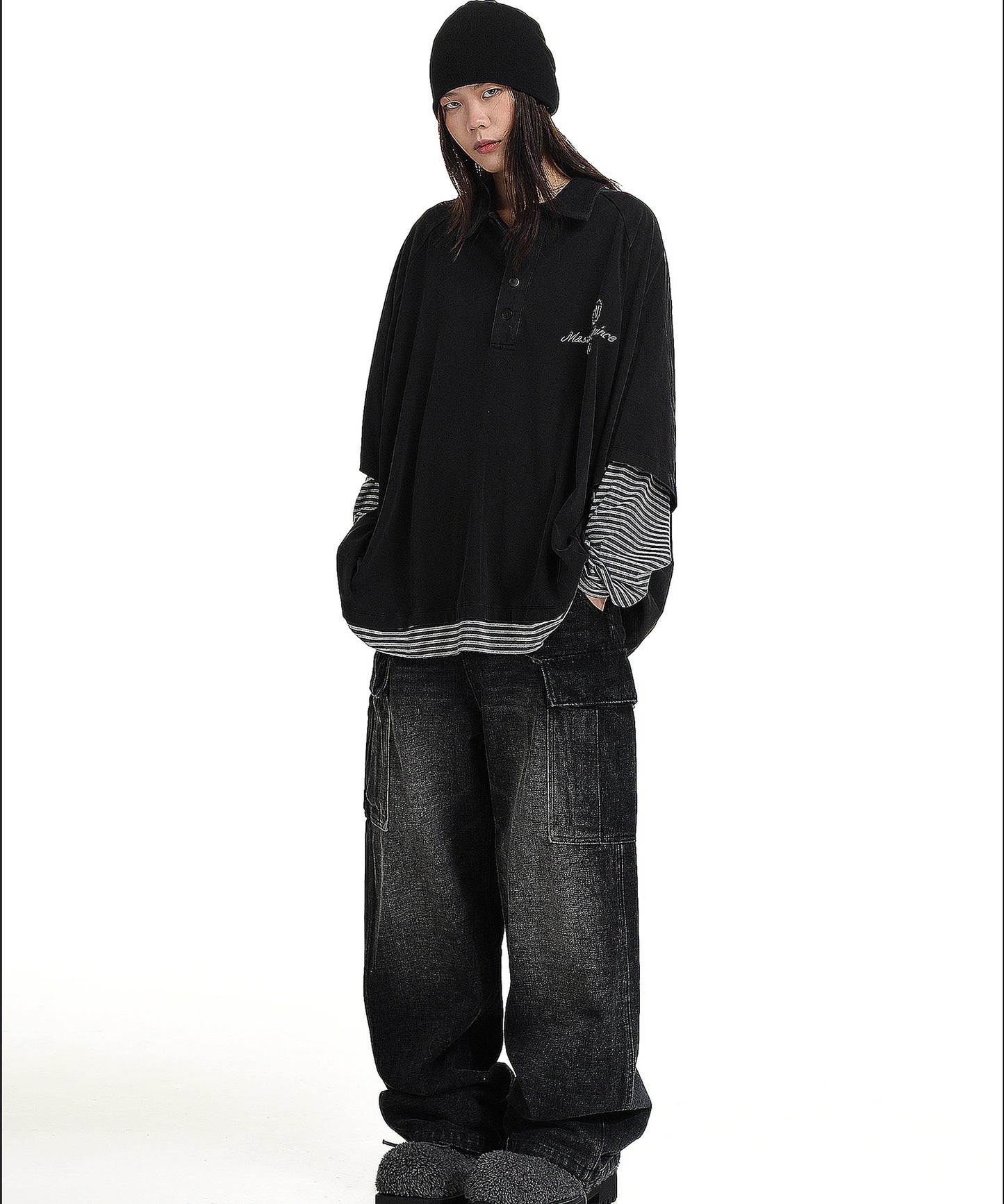 Oversized layered design long sleeve polo shirt PL3019