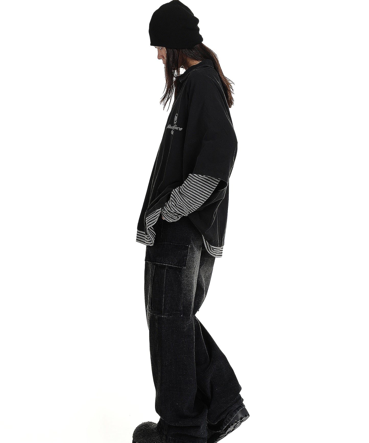 Oversized layered design long sleeve polo shirt PL3019