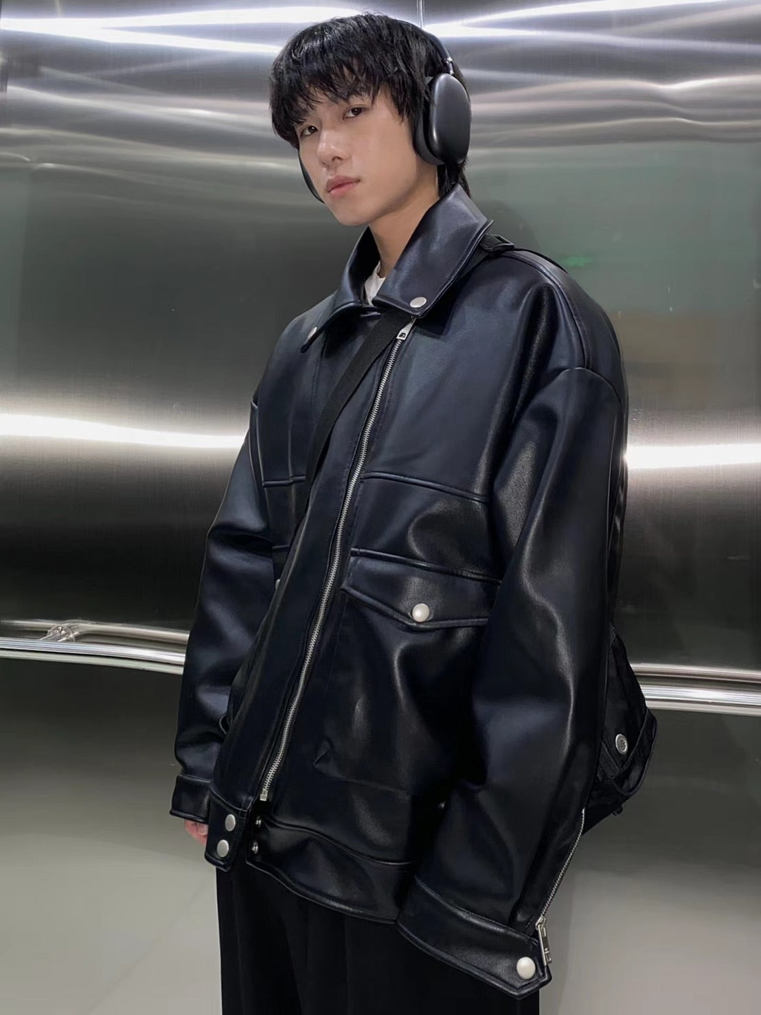 Oversized big pocket PU leather rider jacket PY1806