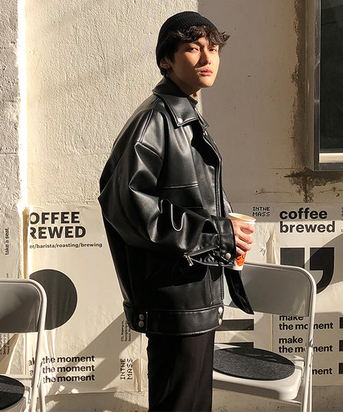 Oversized big pocket PU leather rider jacket PY1806