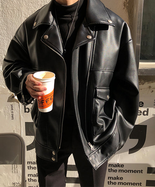 Oversized big pocket PU leather rider jacket PY1806