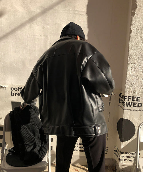 Oversized big pocket PU leather rider jacket PY1806