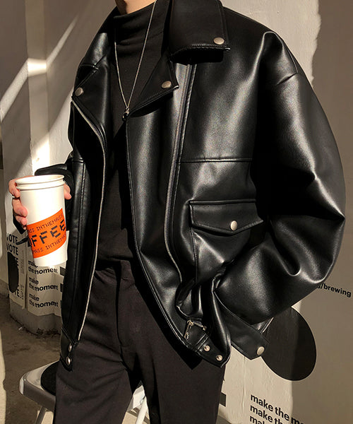 Oversized big pocket PU leather rider jacket PY1806