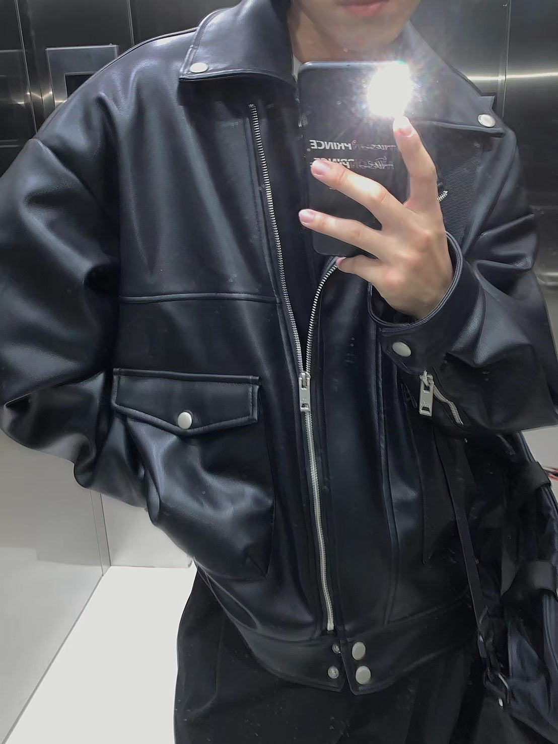 Oversized big pocket PU leather rider jacket PY1806