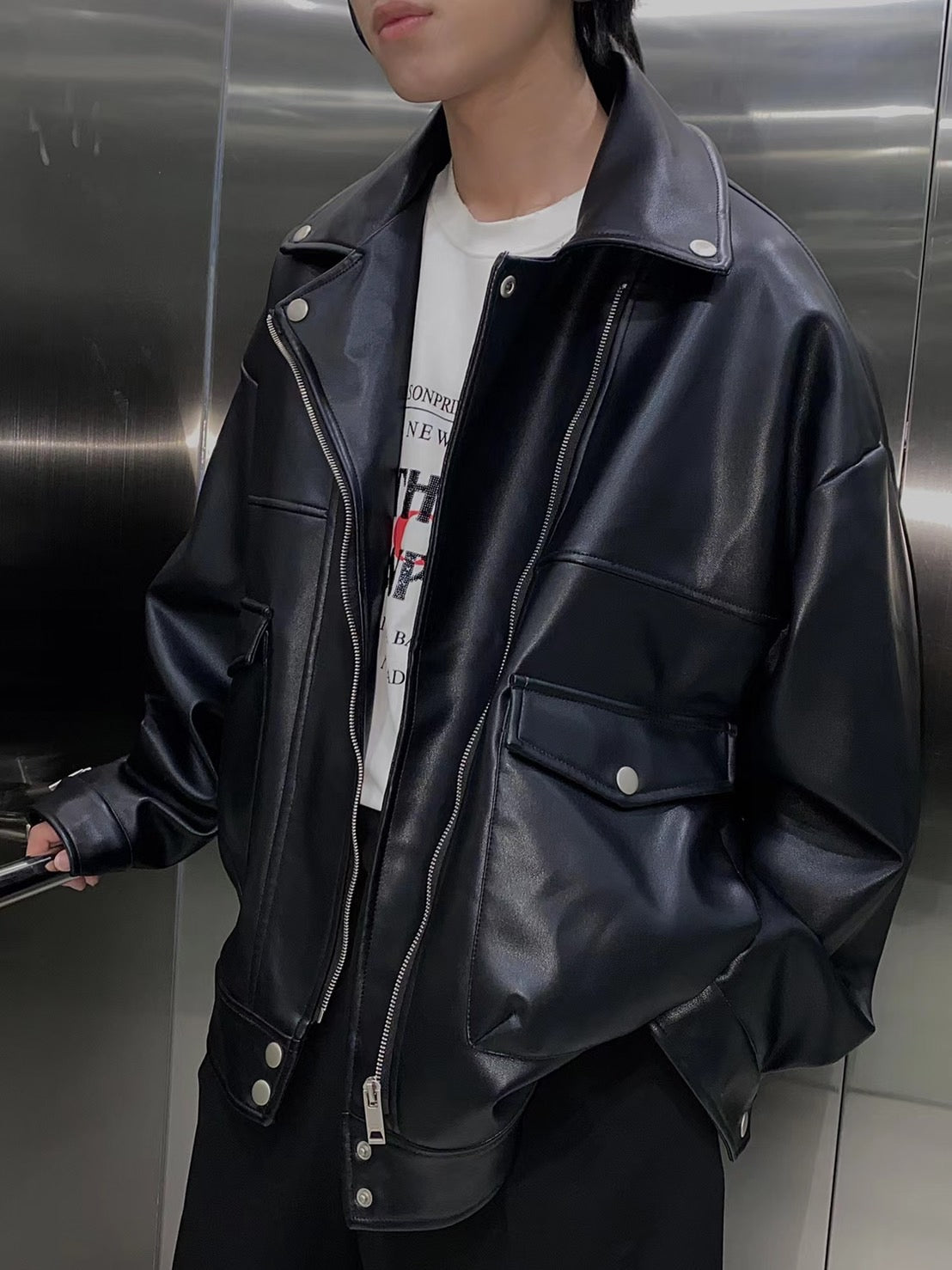 Oversized big pocket PU leather rider jacket PY1806