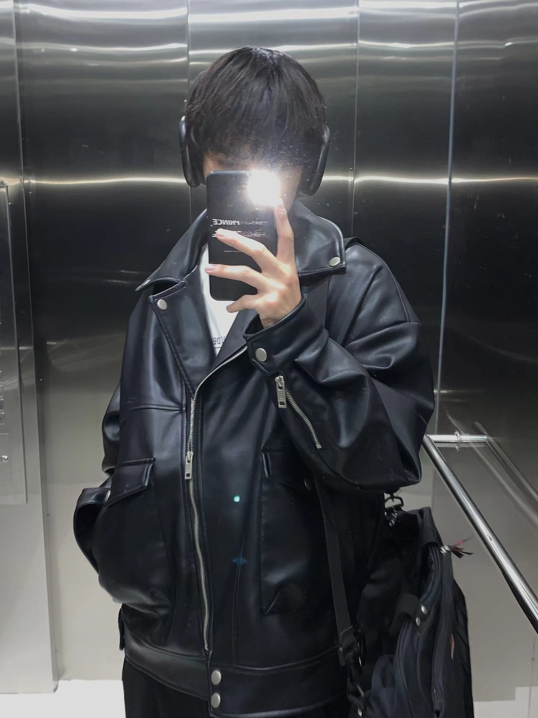 Oversized big pocket PU leather rider jacket PY1806