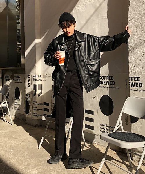 Oversized big pocket PU leather rider jacket PY1806