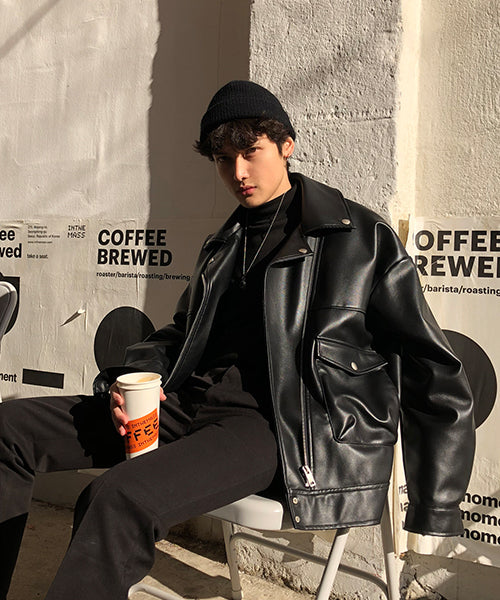 Oversized big pocket PU leather rider jacket PY1806